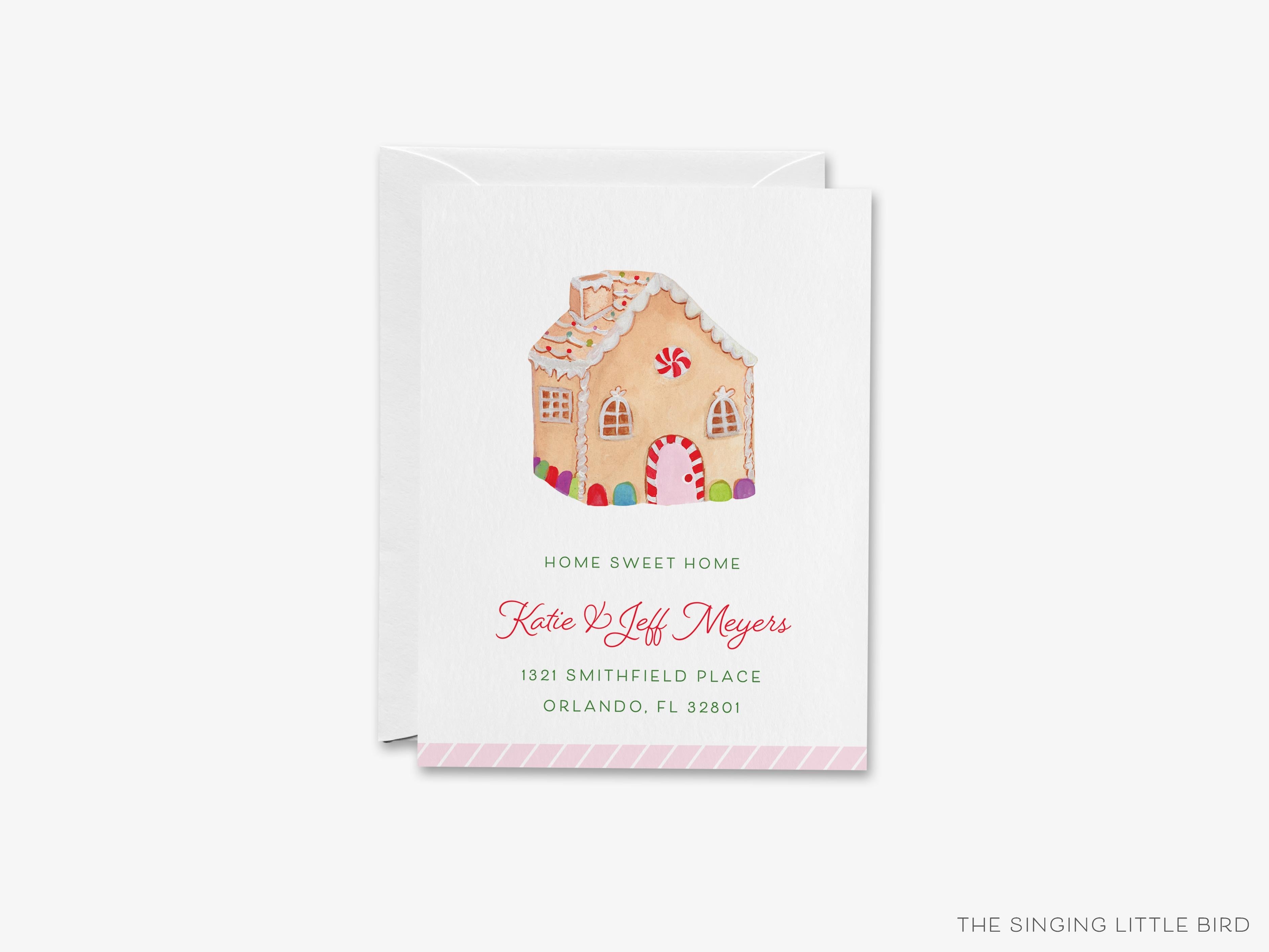 Gingerbread House Moving Announcement-These personalized flat change of address cards are 4.25x5.5 and feature our hand-painted watercolor Gingerbread house, printed in the USA on 120lb textured stock. They come with your choice of envelopes and make great moving announcements for the holiday lover.-The Singing Little Bird