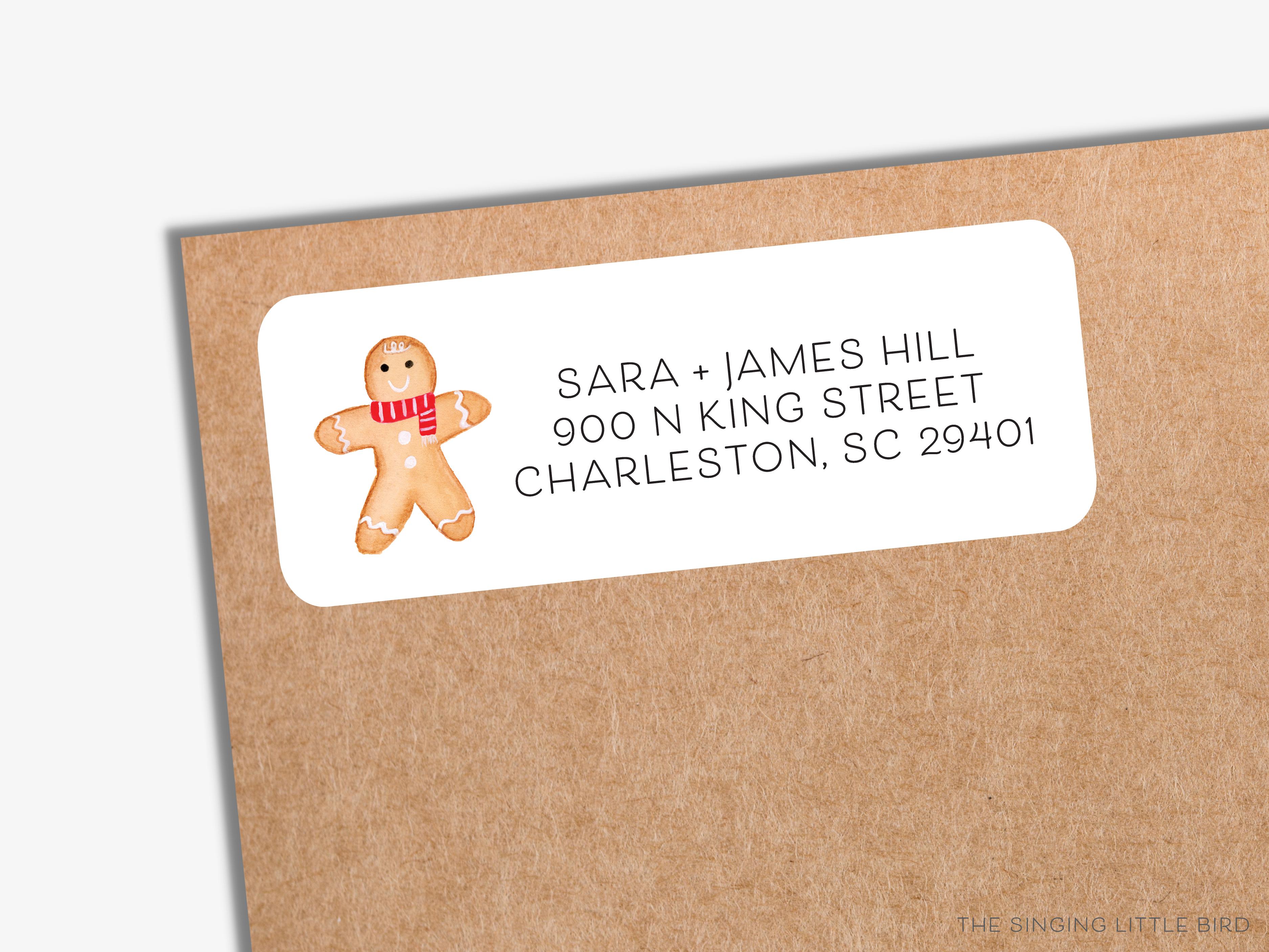 Gingerbread Man Return Address Labels-These personalized return address labels are 2.625" x 1" and feature our hand-painted watercolor Gingerbread Man, printed in the USA on beautiful matte finish labels. These make great gifts for yourself or the Christmas cookie lover.-The Singing Little Bird