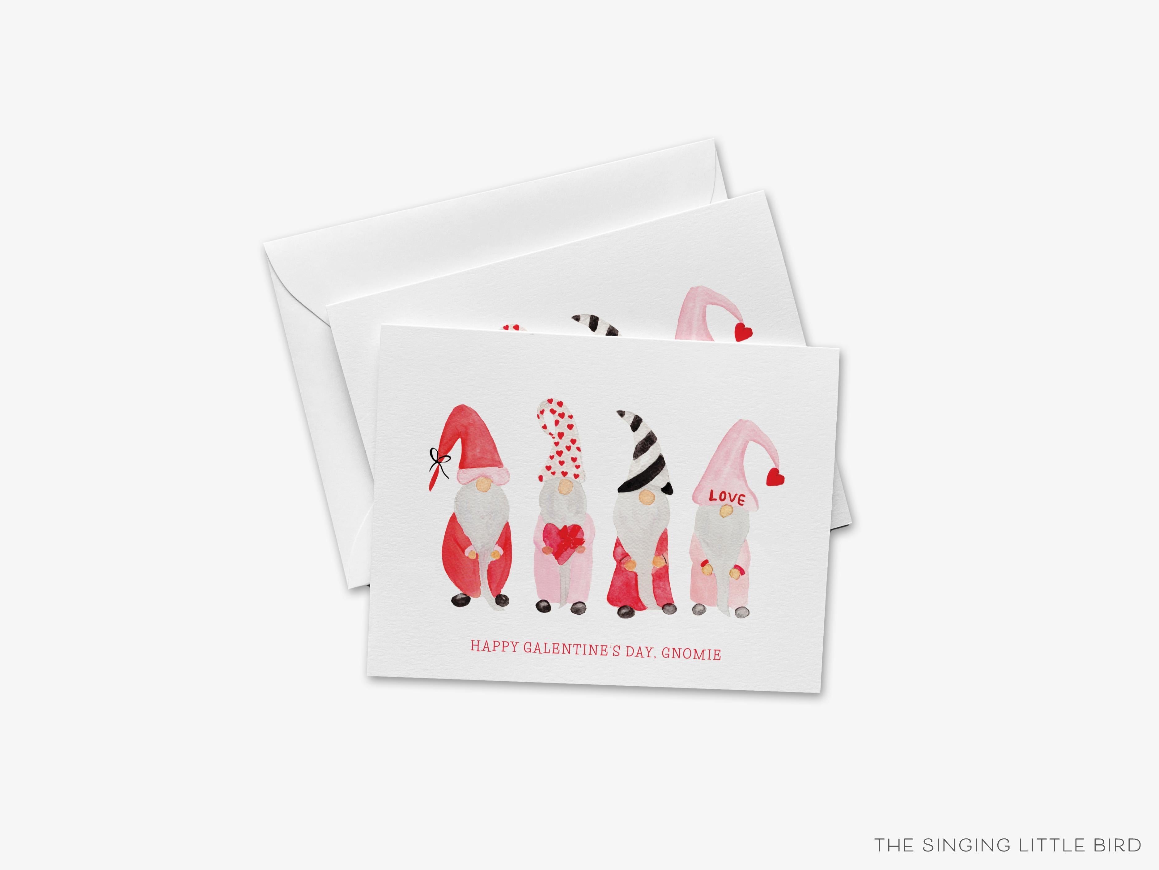 Gnome Galentine's Day Greeting Card-These folded greeting cards are 4.25x5.5 and feature our hand-painted gnomes, printed in the USA on 100lb textured stock. They come with a White envelope and make a great Galentine's Day card for the gal pal in your life.-The Singing Little Bird