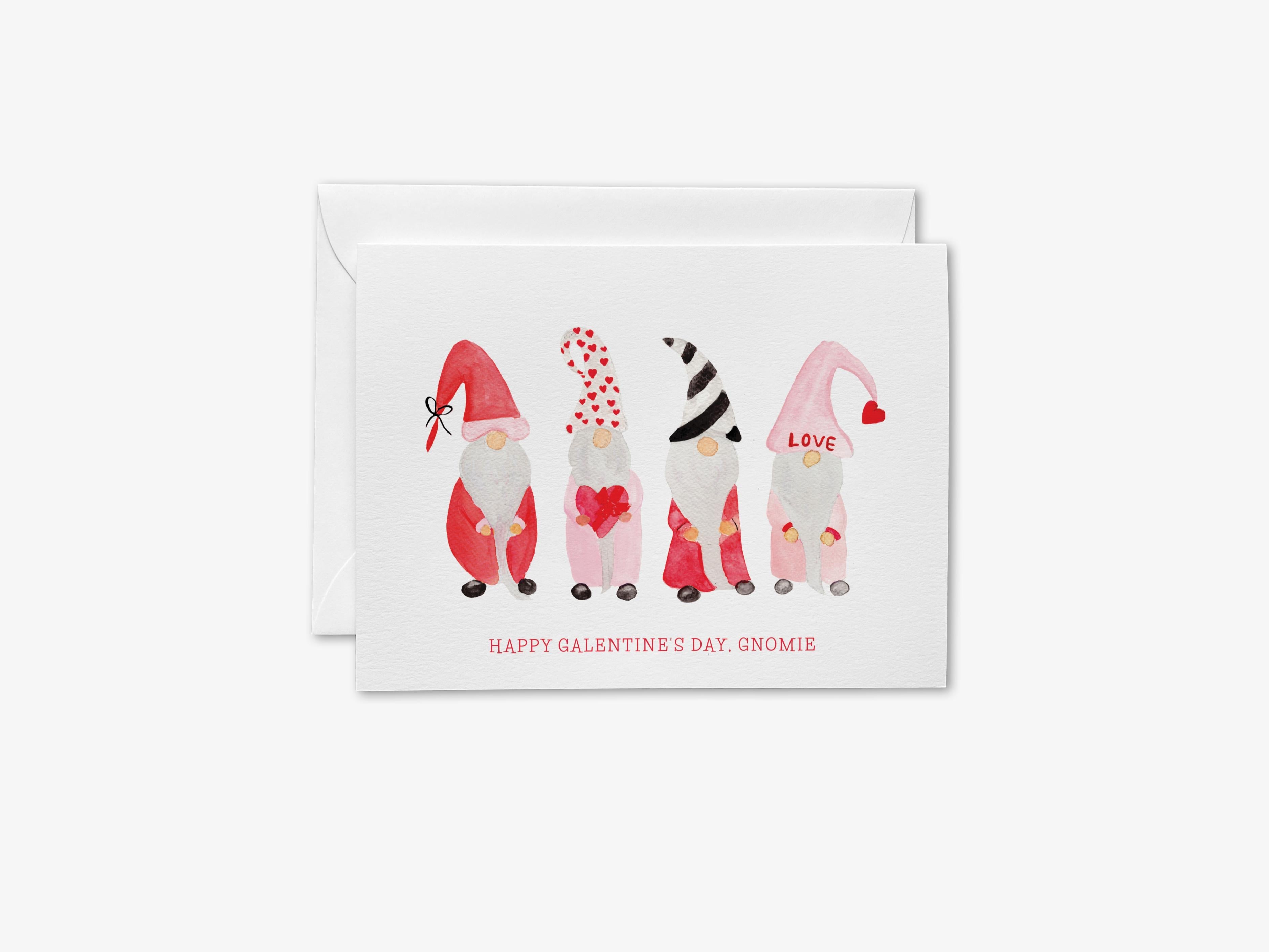 Gnome Galentine's Day Greeting Card-These folded greeting cards are 4.25x5.5 and feature our hand-painted gnomes, printed in the USA on 100lb textured stock. They come with a White envelope and make a great Galentine's Day card for the gal pal in your life.-The Singing Little Bird