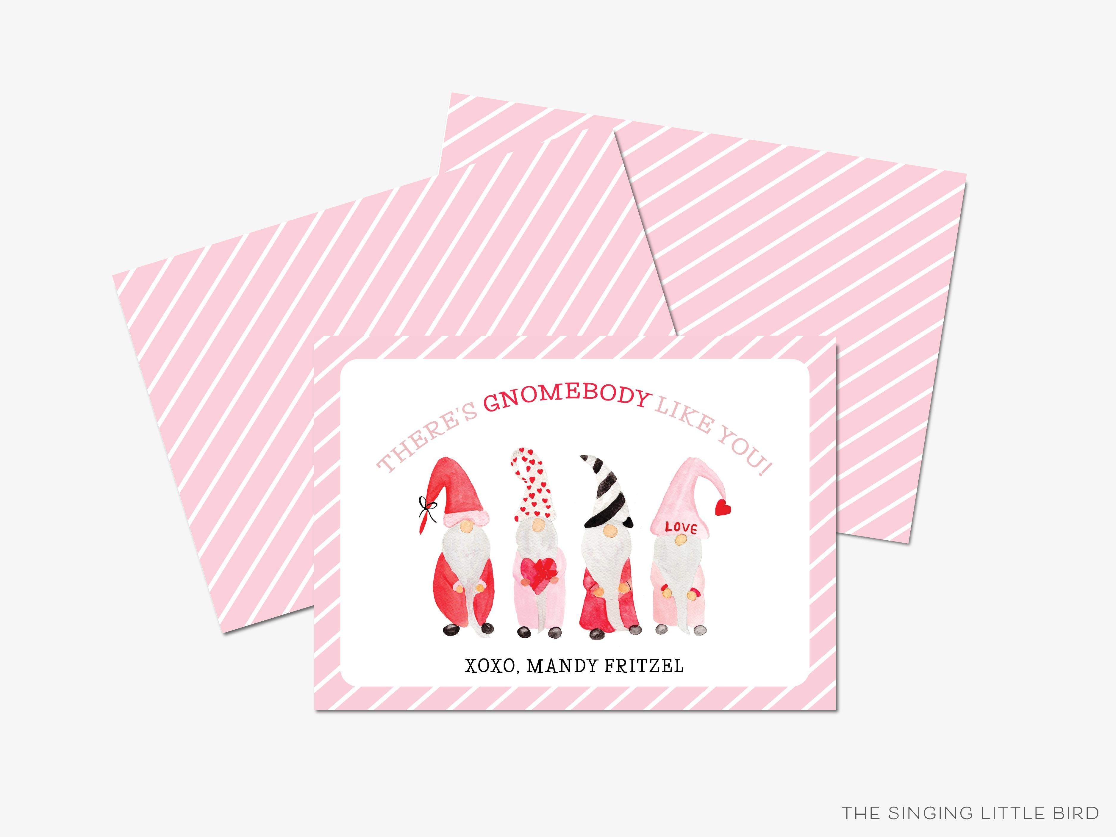 Gnome Valentine's Day Cards-These personalized flat notecards are 3.5" x 4.875 and feature our hand-painted watercolor gnomes, printed in the USA on 120lb textured stock. They come with white envelopes and make great Valentine's Day cards for kids and gnome lovers in your life.-The Singing Little Bird