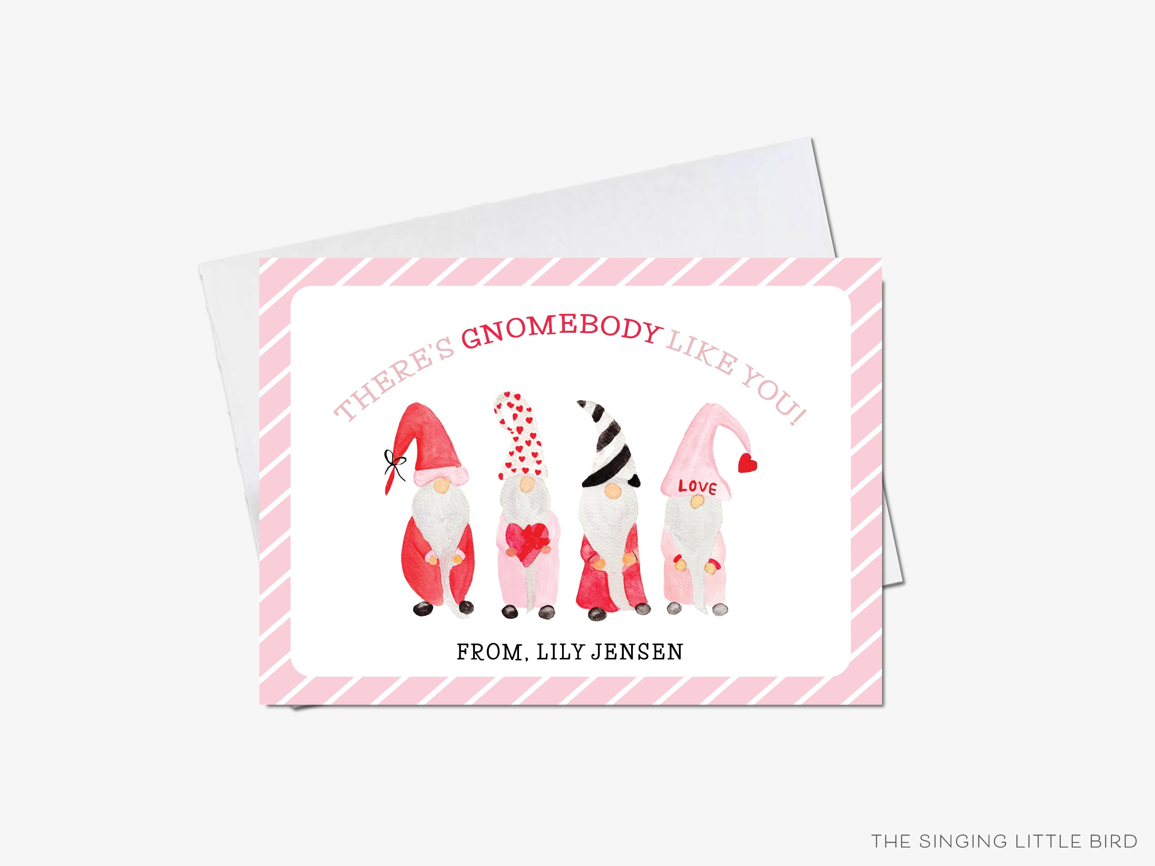 Gnome Valentine's Day Cards-These personalized flat notecards are 3.5" x 4.875 and feature our hand-painted watercolor gnomes, printed in the USA on 120lb textured stock. They come with white envelopes and make great Valentine's Day cards for kids and gnome lovers in your life.-The Singing Little Bird