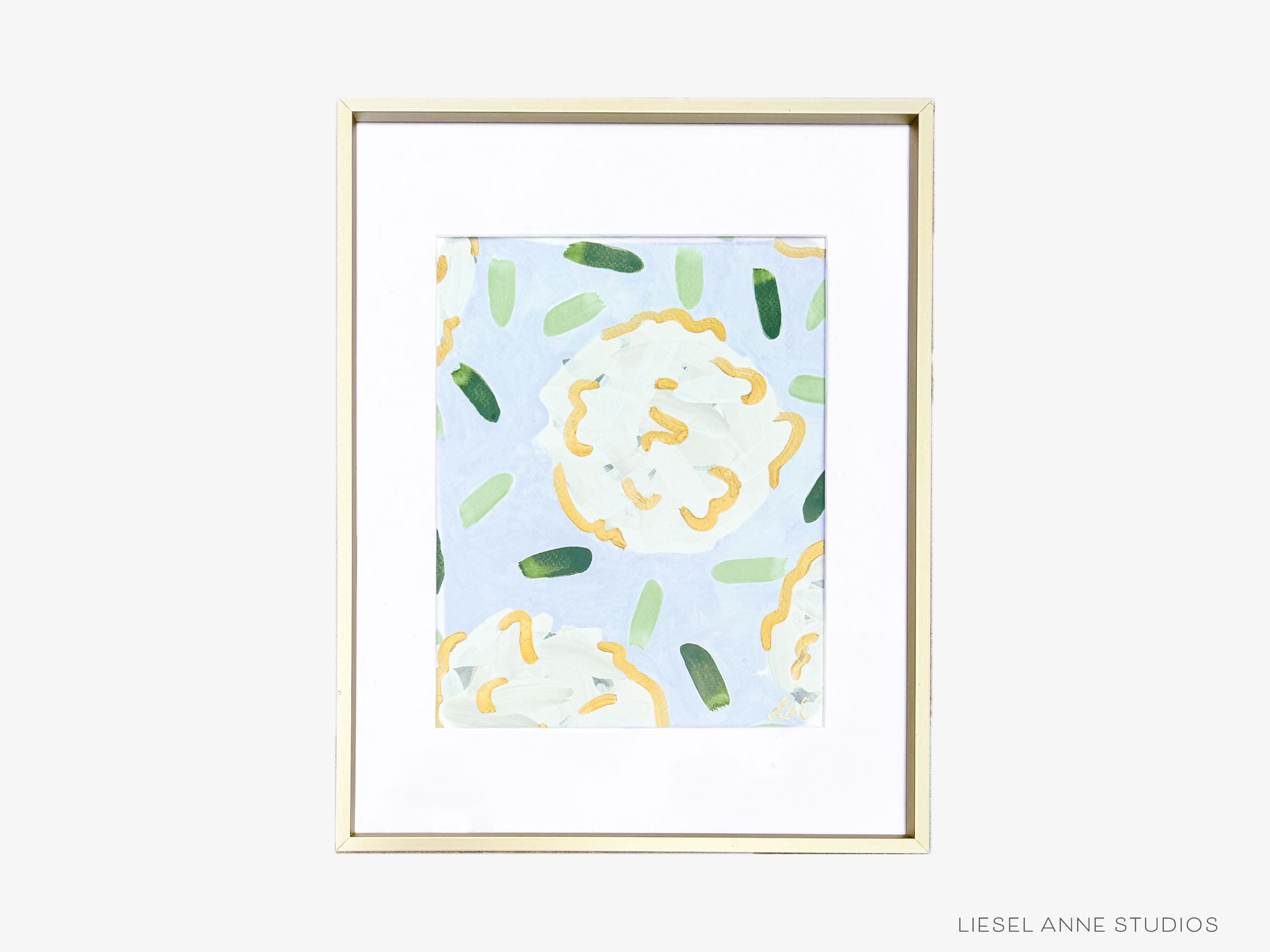 Golden Hydrangea | Blue & White X-Original artwork measures 8"x10" | Hand-Painted with gouache on cold press watercolor paper | Matted and framed in gold wood frame sized 11"x14" | UV shielding acrylic glass | Hanging hardware included | Features our signature Golden Hydrangea design with a light blue base, white hydrangeas and shimmery gold accents | Initialed in gold by the Liesel Anne (the artist) on the front and signed and dated on the back.-The Singing Little Bird