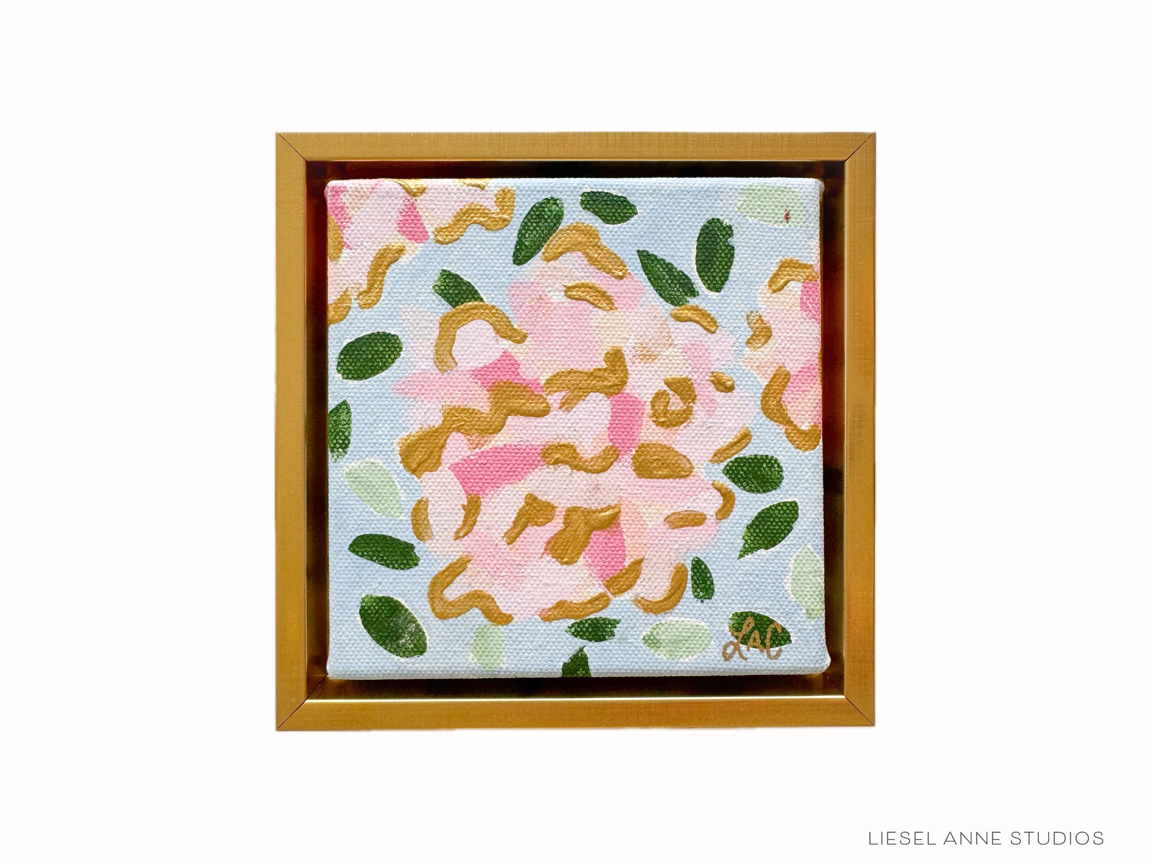 Golden Hydrangea Mini | Blue & Pink XVII-Original artwork measures 5"x5" | Framed in gold wood floater frame | Hand-Painted with gouache on stretched canvas | Features our signature Golden Hydrangea design with a light blue base, pink hydrangeas and shimmery gold accents | Initialed in gold by the Liesel Anne (the artist) on the front and signed and dated on the back-The Singing Little Bird