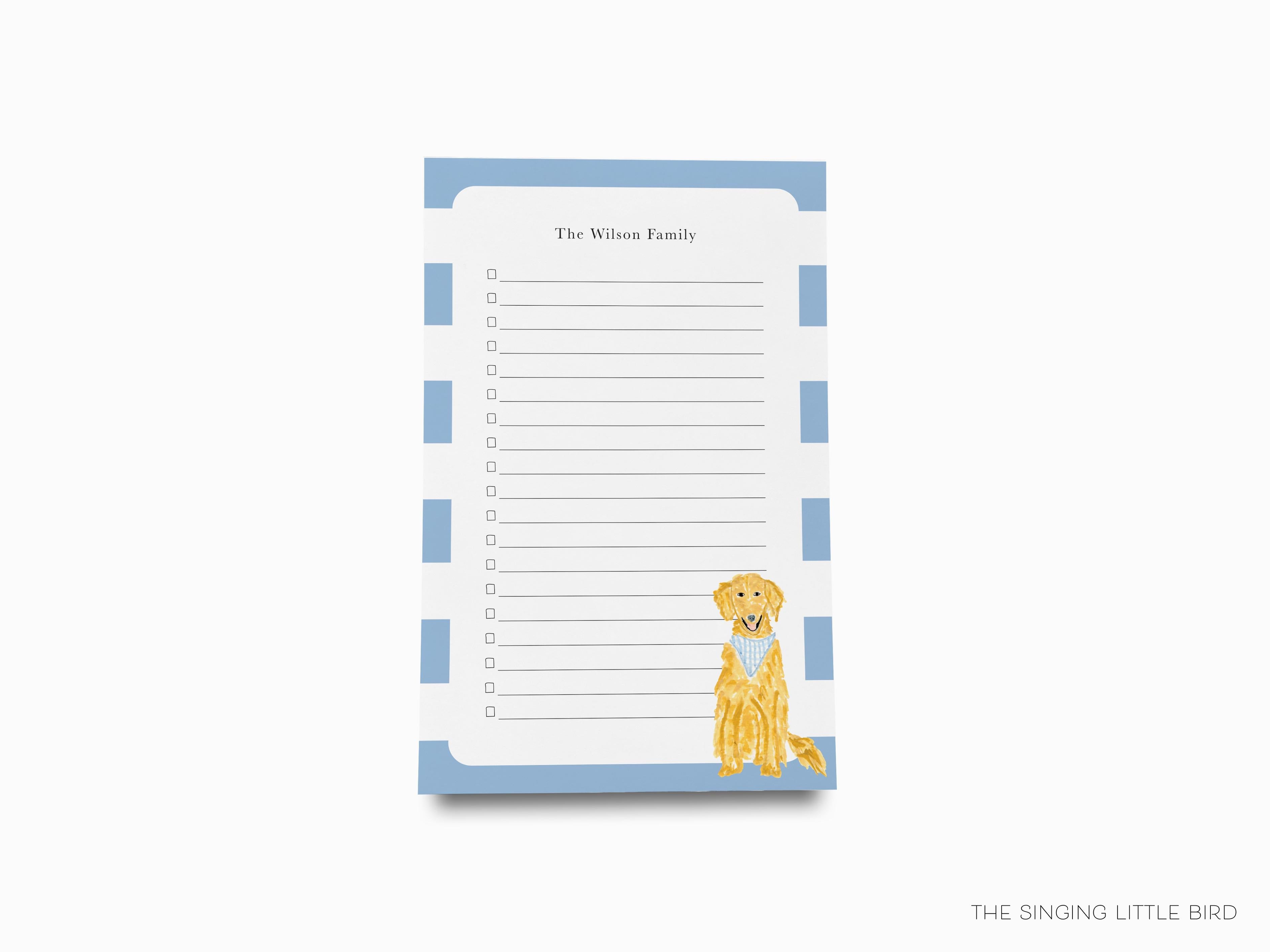 Golden Retriever Notepad-These personalized notepads feature our hand-painted watercolor Golden Retriever, printed in the USA on a beautiful smooth stock. You choose which size you want (or bundled together for a beautiful gift set) and makes a great gift for the checklist and puppy lover in your life.-The Singing Little Bird