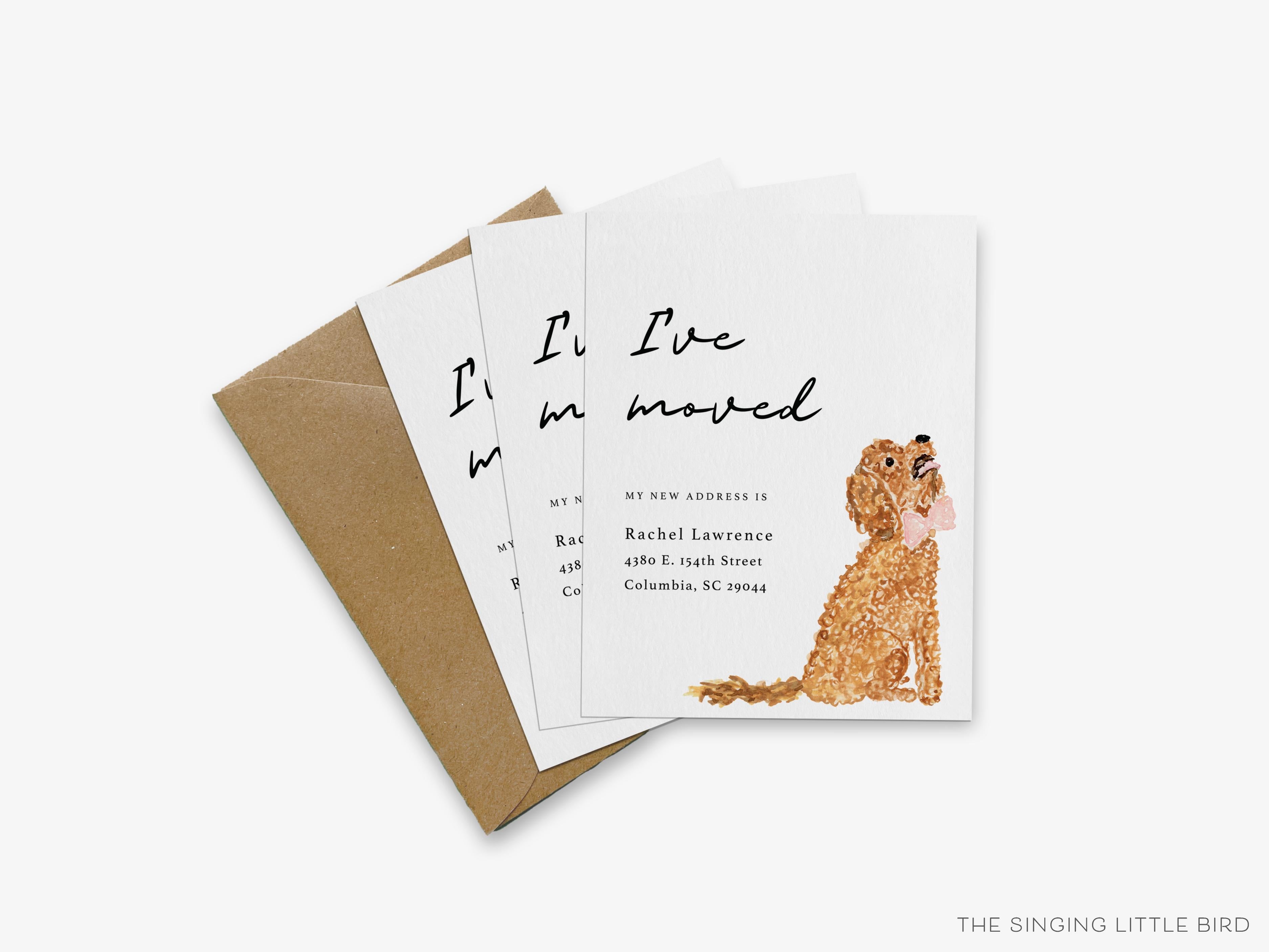 Goldendoodle Moving Announcement-These personalized flat change of address cards are 4.25x5.5 and feature our hand-painted watercolor Goldendoodle, printed in the USA on 120lb textured stock. They come with your choice of envelopes and make great moving announcements for the dog lover.-The Singing Little Bird