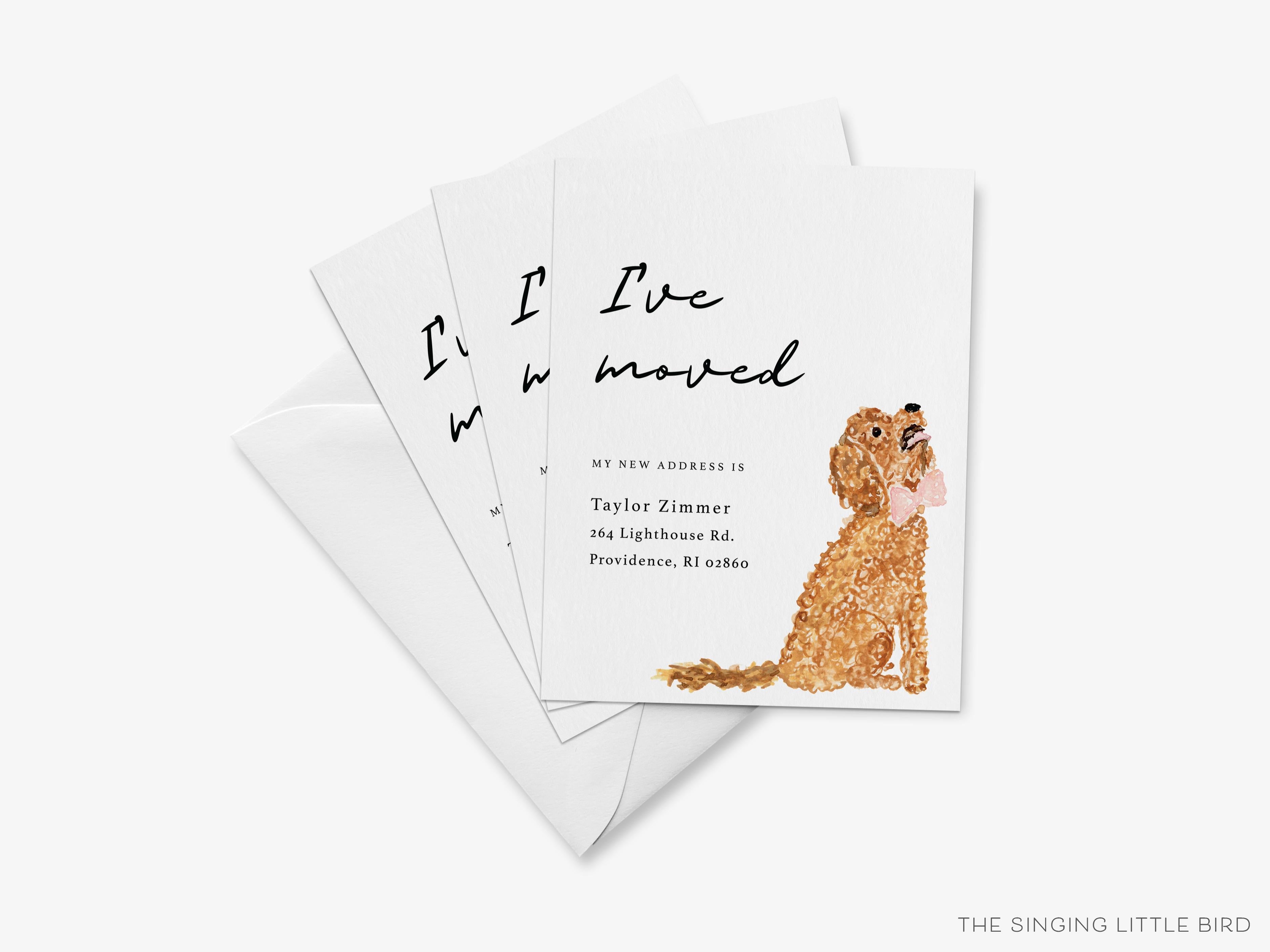 Goldendoodle Moving Announcement-These personalized flat change of address cards are 4.25x5.5 and feature our hand-painted watercolor Goldendoodle, printed in the USA on 120lb textured stock. They come with your choice of envelopes and make great moving announcements for the dog lover.-The Singing Little Bird