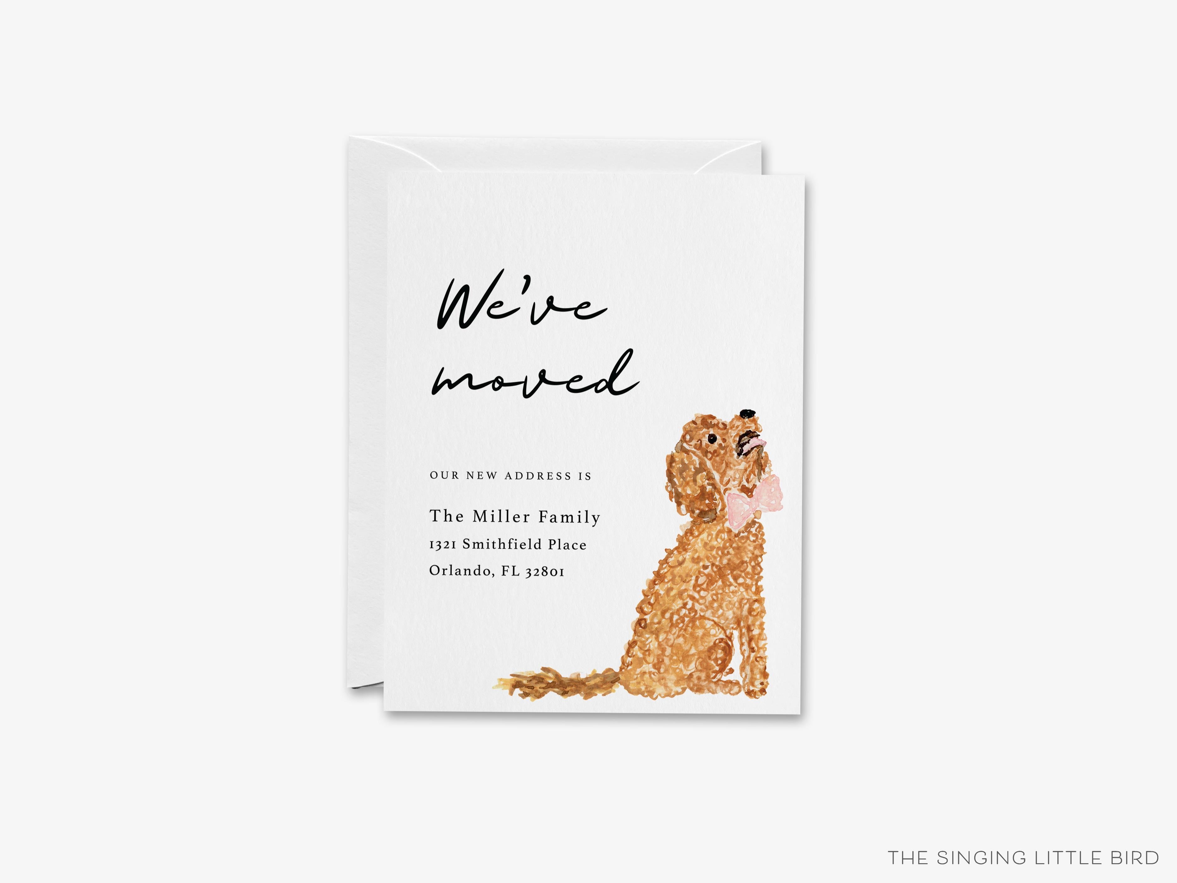 Goldendoodle Moving Announcement-These personalized flat change of address cards are 4.25x5.5 and feature our hand-painted watercolor Goldendoodle, printed in the USA on 120lb textured stock. They come with your choice of envelopes and make great moving announcements for the dog lover.-The Singing Little Bird