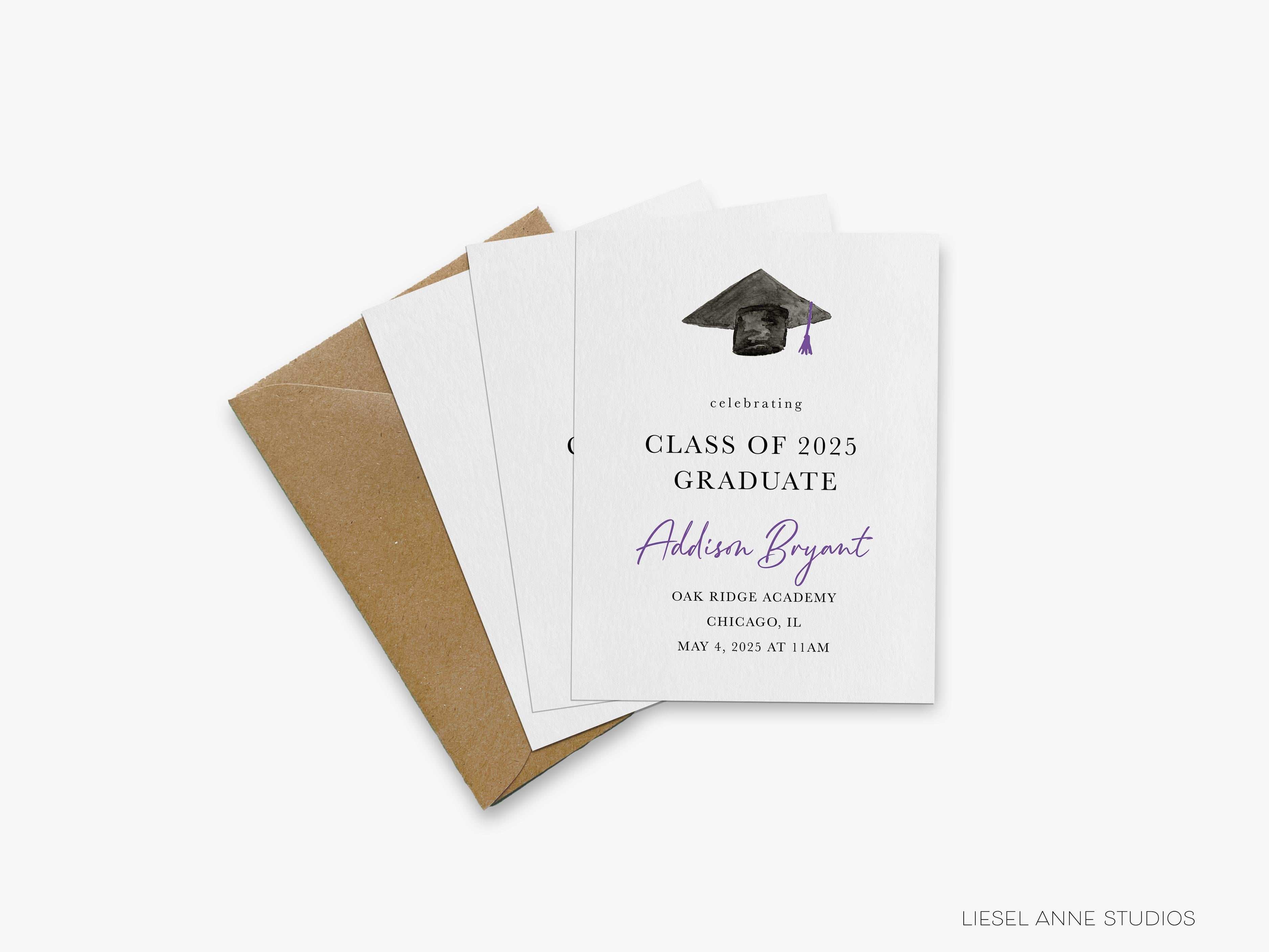 Graduation Cap Announcements-These personalized flat graduation announcements are 4.25x5.5 and feature our hand-painted watercolor mortar board, printed in the USA on 120lb textured stock. They come with your choice of envelopes and make great grad invitations for friends and family.-The Singing Little Bird