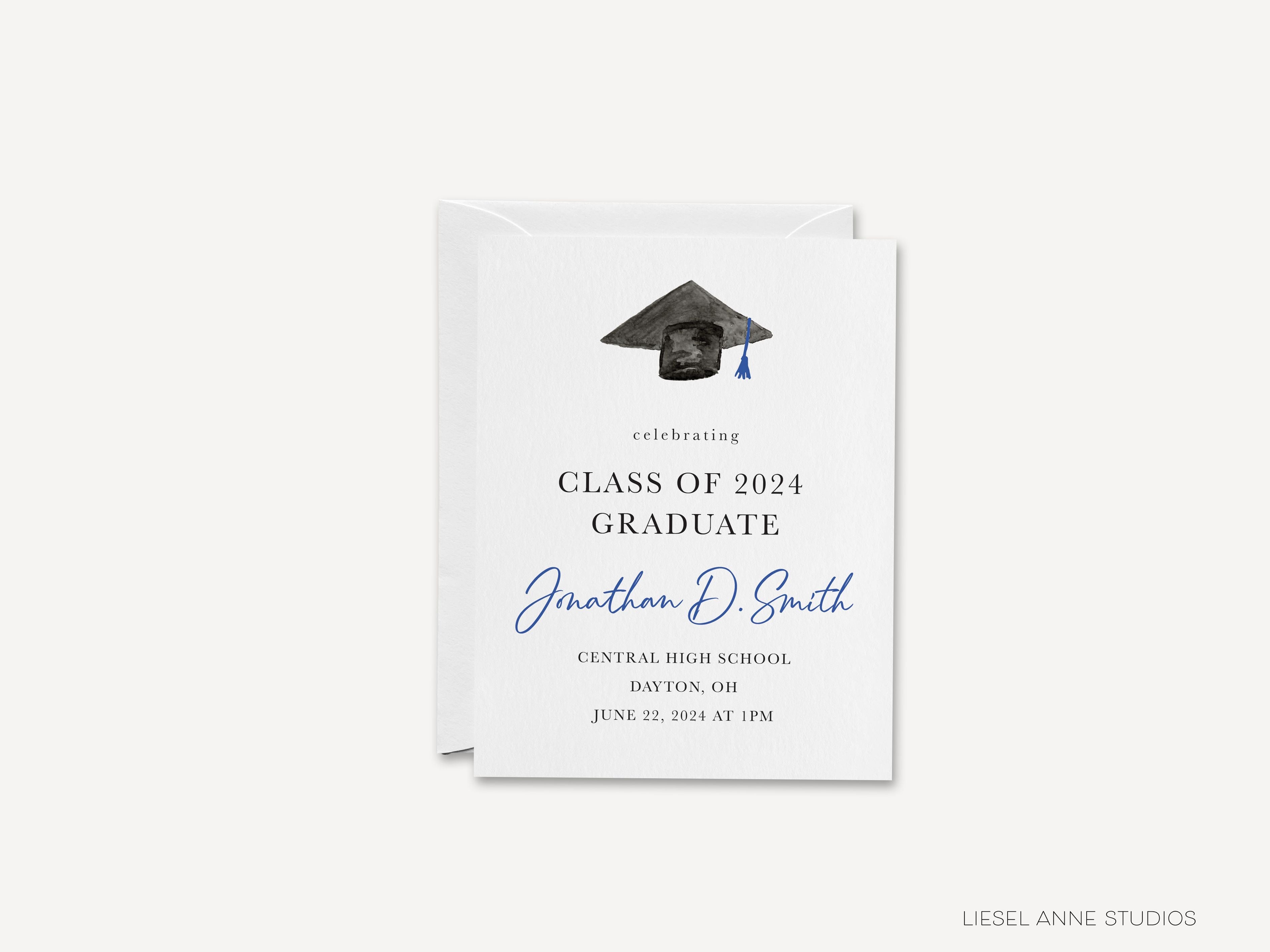 Graduation Cap Announcements-These personalized flat graduation announcements are 4.25x5.5 and feature our hand-painted watercolor mortar board, printed in the USA on 120lb textured stock. They come with your choice of envelopes and make great grad invitations for friends and family.-The Singing Little Bird