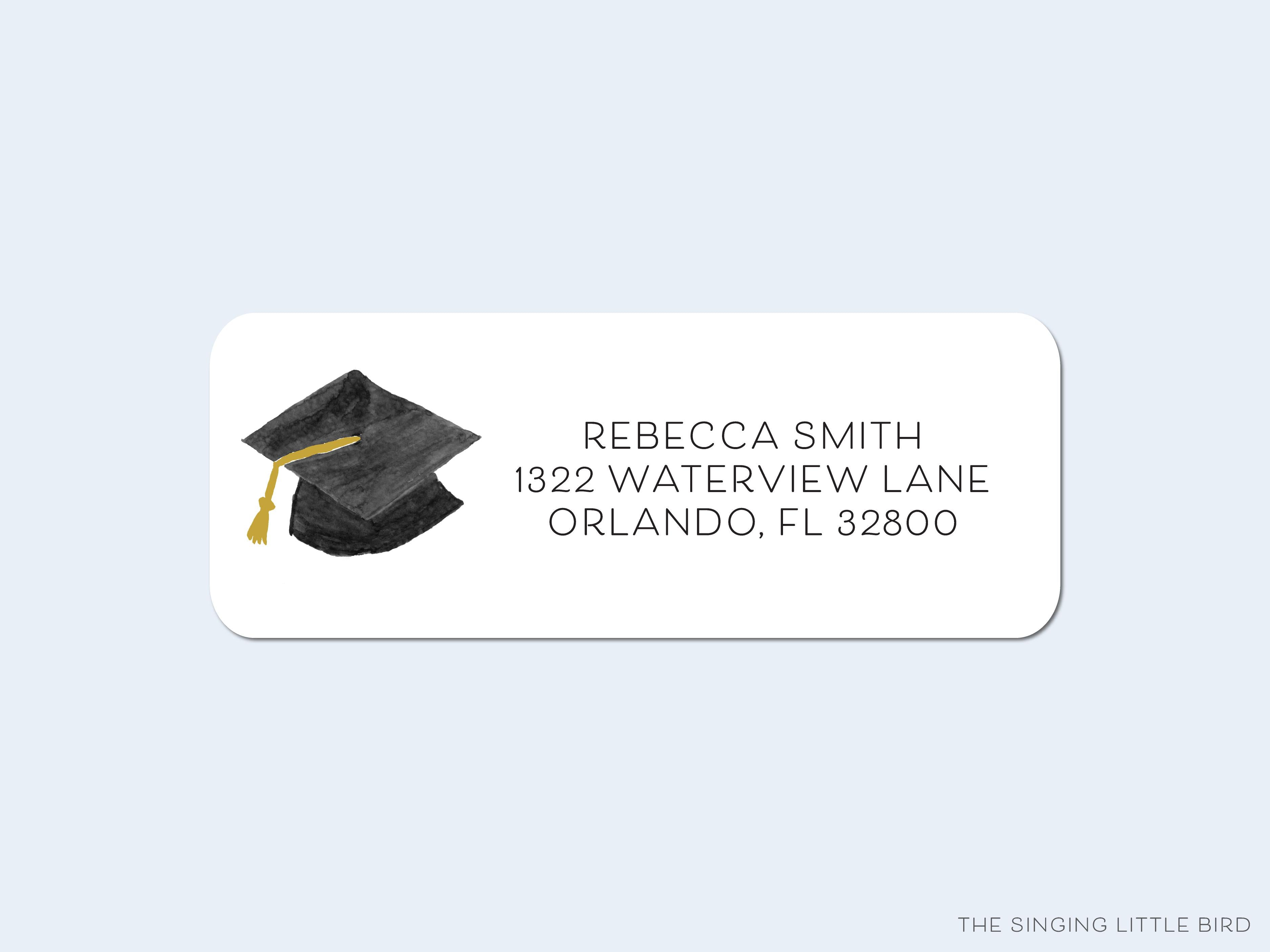 Graduation Cap Return Address Labels-These personalized return address labels are 2.625" x 1" and feature our hand-painted watercolor Graduation Cap, printed in the USA on beautiful matte finish labels. These make great gifts for yourself or the graduate in your life.-The Singing Little Bird