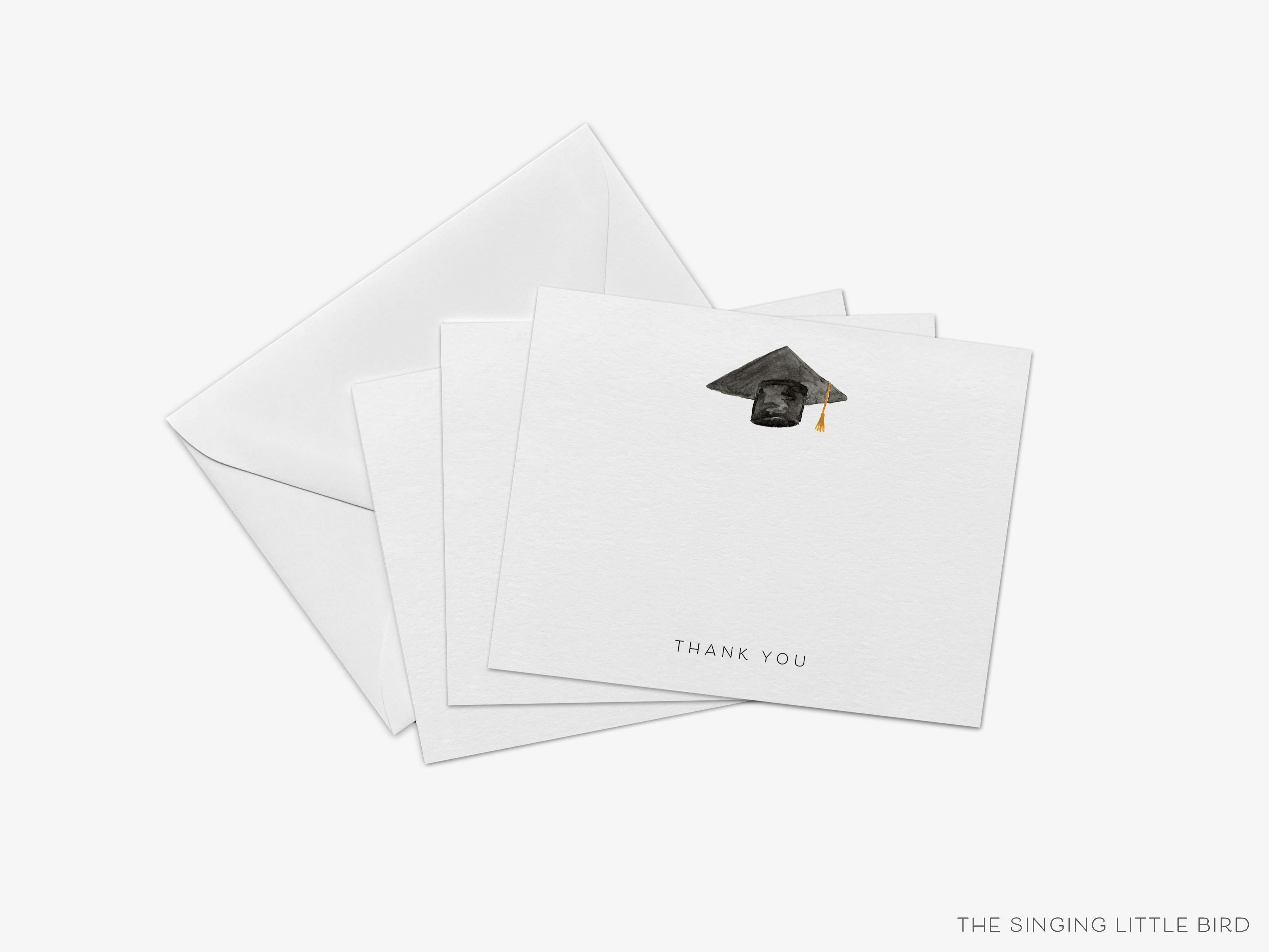Graduation Cap Thank You Flat Notes [Sets of 8]-These flat notecards are 4.25x5.5 and feature our hand-painted watercolor graduation cap, printed in the USA on 120lb textured stock. They come with white envelopes and make great thank yous and gifts for the graduate in your life.-The Singing Little Bird