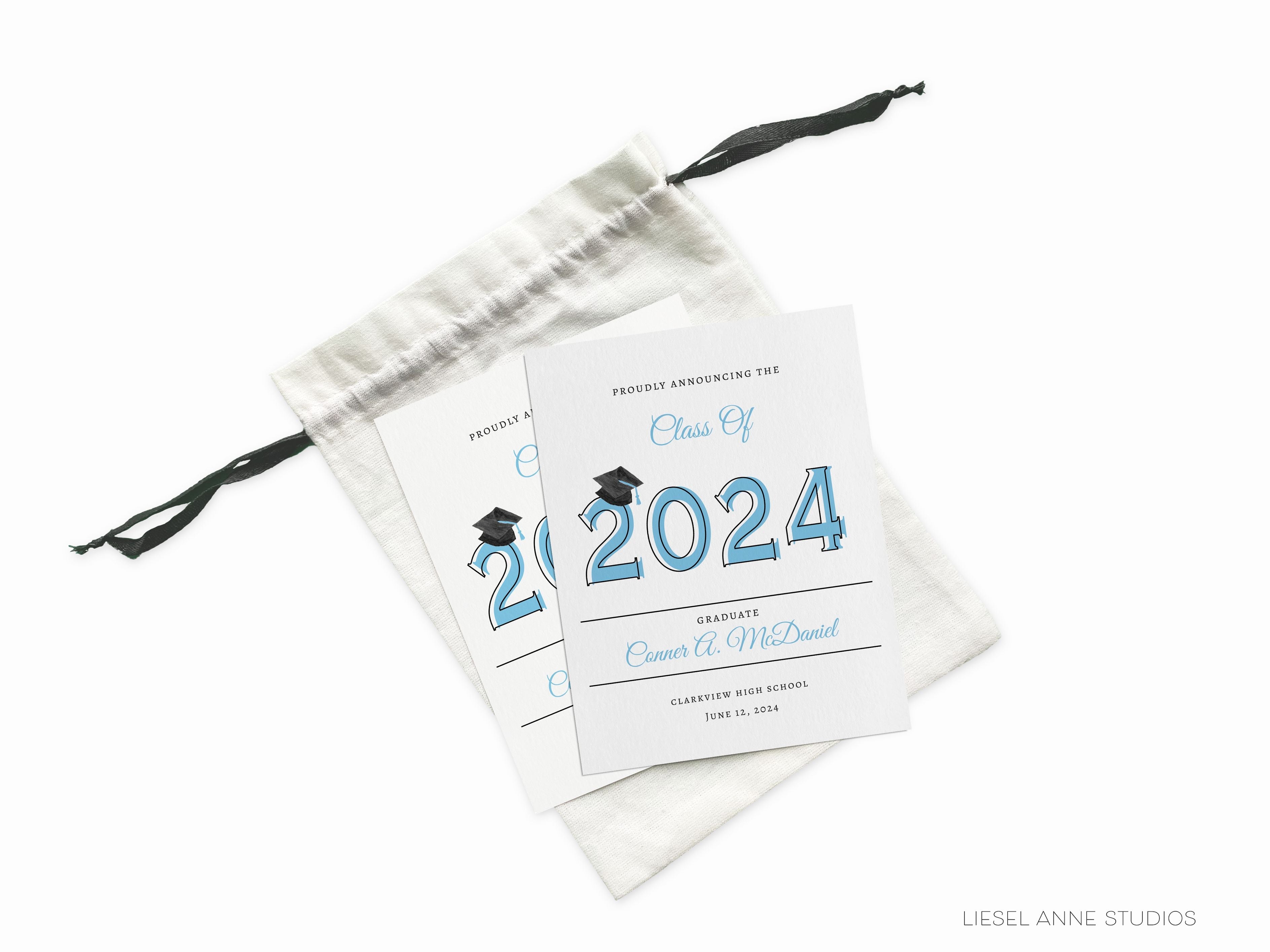 Graduation Class of 2024 Announcements-These personalized flat graduation announcements are 4.25x5.5 and feature our hand-painted watercolor mortarboard, printed in the USA on 120lb textured stock. They come with your choice of envelopes and make great grad announcement for this year's graduate.-The Singing Little Bird