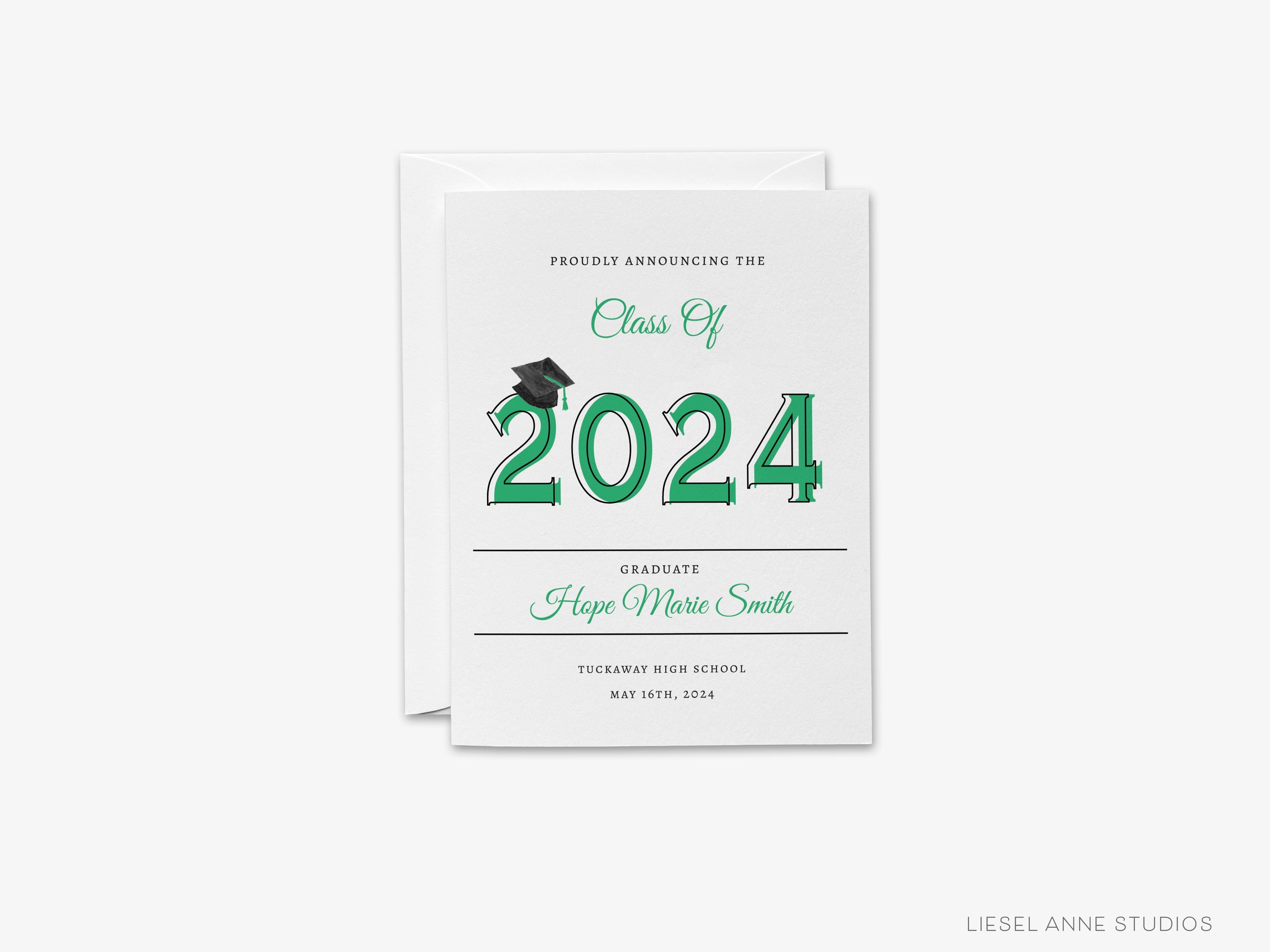 Graduation Class of 2024 Announcements-These personalized flat graduation announcements are 4.25x5.5 and feature our hand-painted watercolor mortarboard, printed in the USA on 120lb textured stock. They come with your choice of envelopes and make great grad announcement for this year's graduate.-The Singing Little Bird