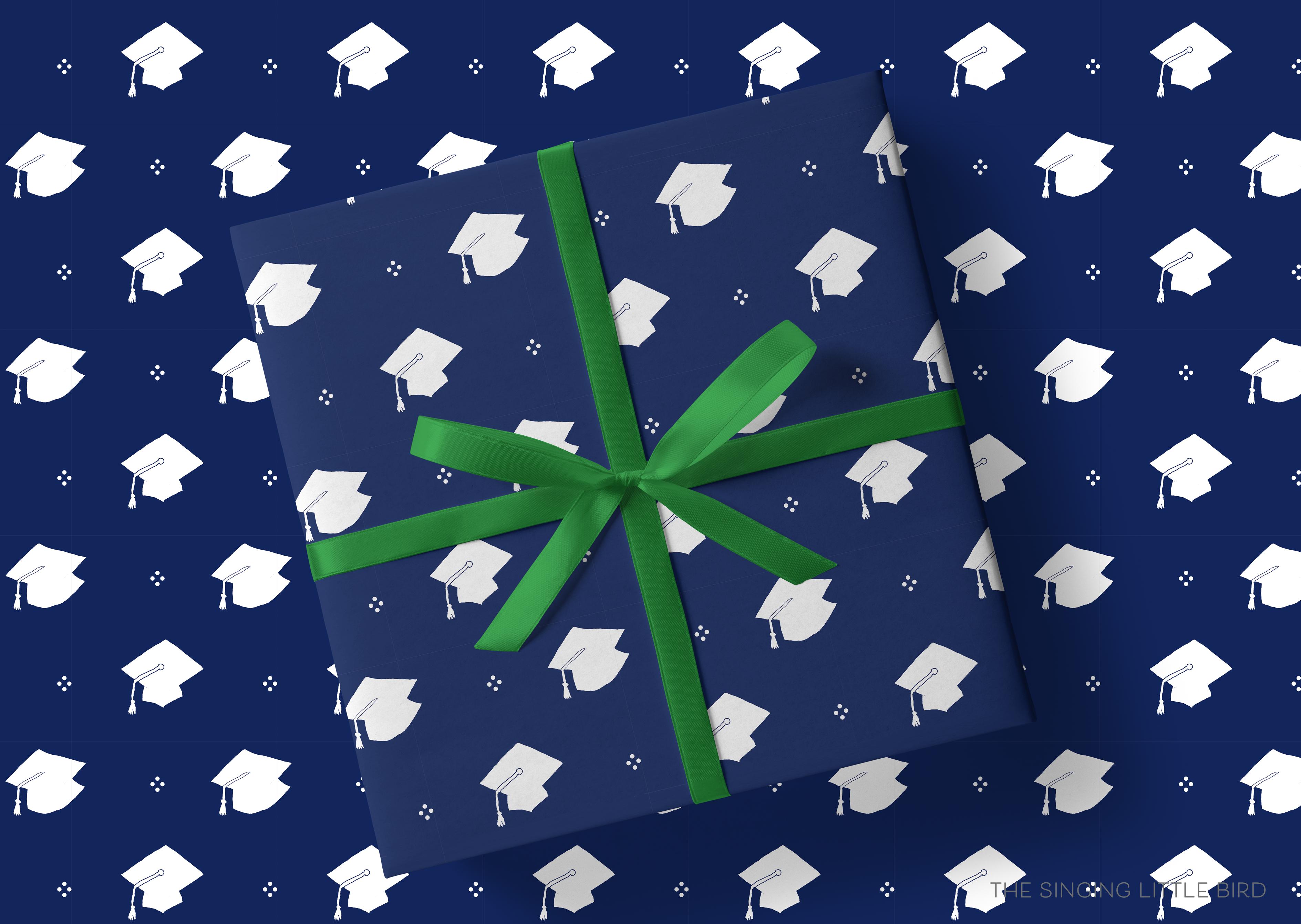 Graduation Gift Wrap-This matte finish gift wrap features our hand drawn grad caps, making a perfect wrapping paper for a high school or college graduation gift.-The Singing Little Bird