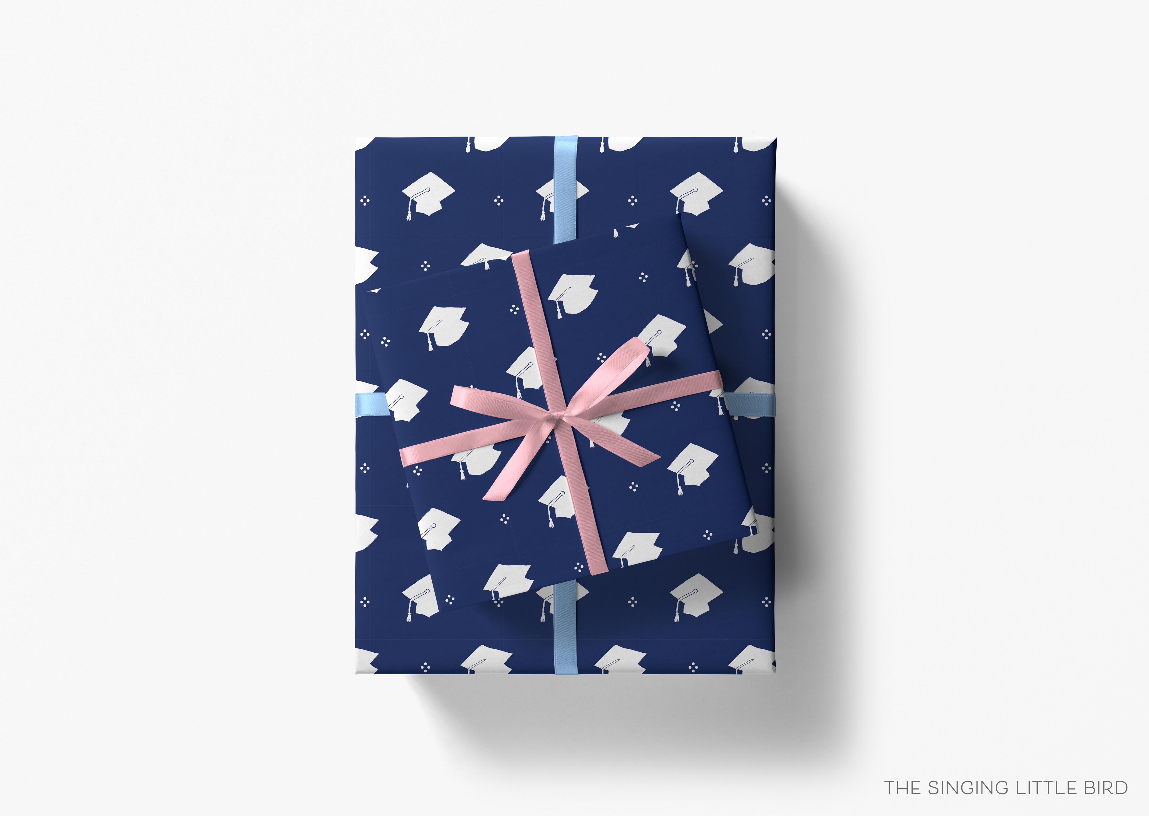 Graduation Gift Wrap-This matte finish gift wrap features our hand drawn grad caps, making a perfect wrapping paper for a high school or college graduation gift.-The Singing Little Bird