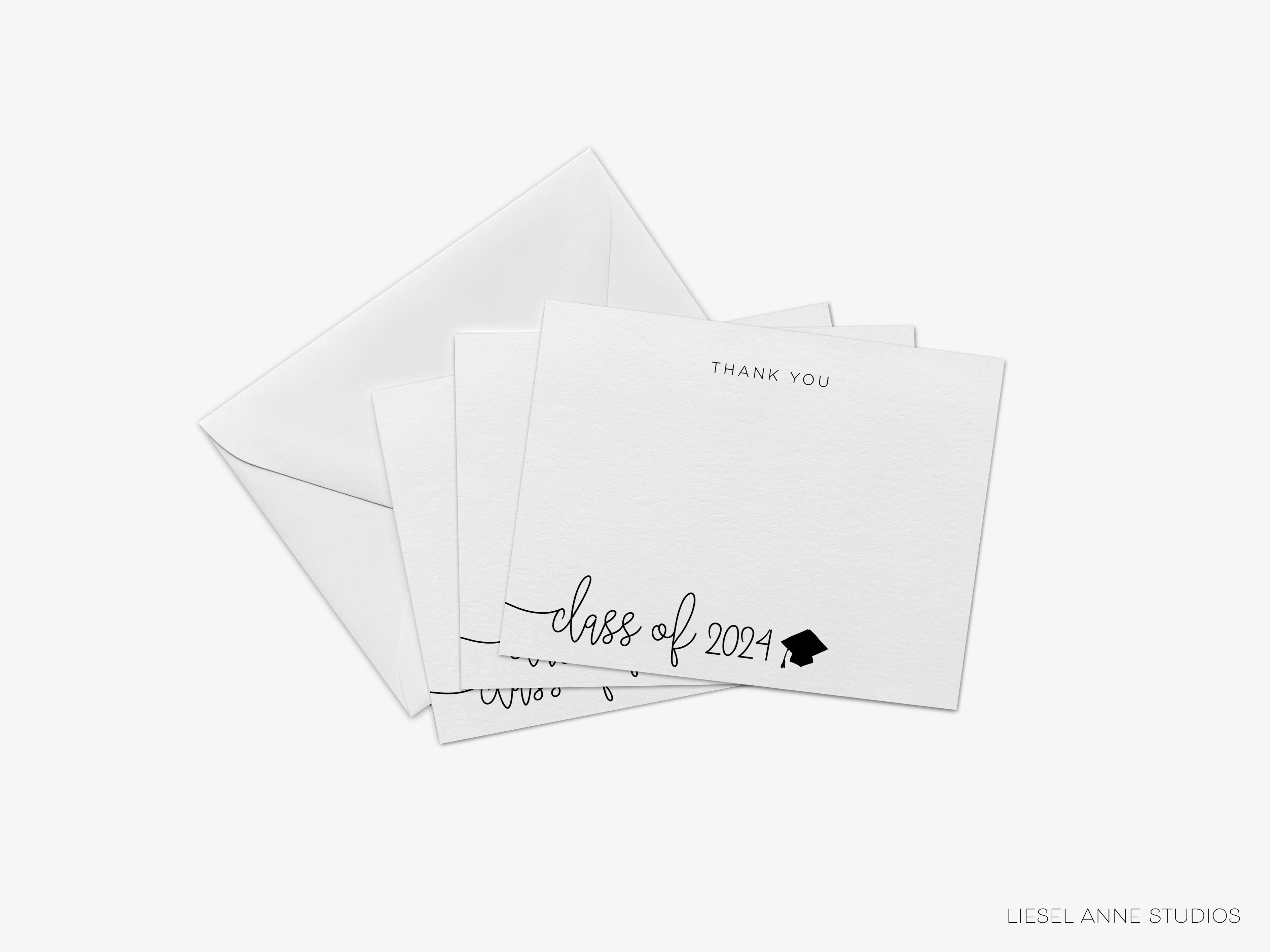 Graduation Script Class Thank You Flat Note Cards [Sets of 8]-These flat notecards are 4.25x5.5 and feature our hand-painted watercolor graduation cap, printed in the USA on 120lb textured stock. They come with white envelopes and make great thank yous and gifts for the graduate in your life.-The Singing Little Bird