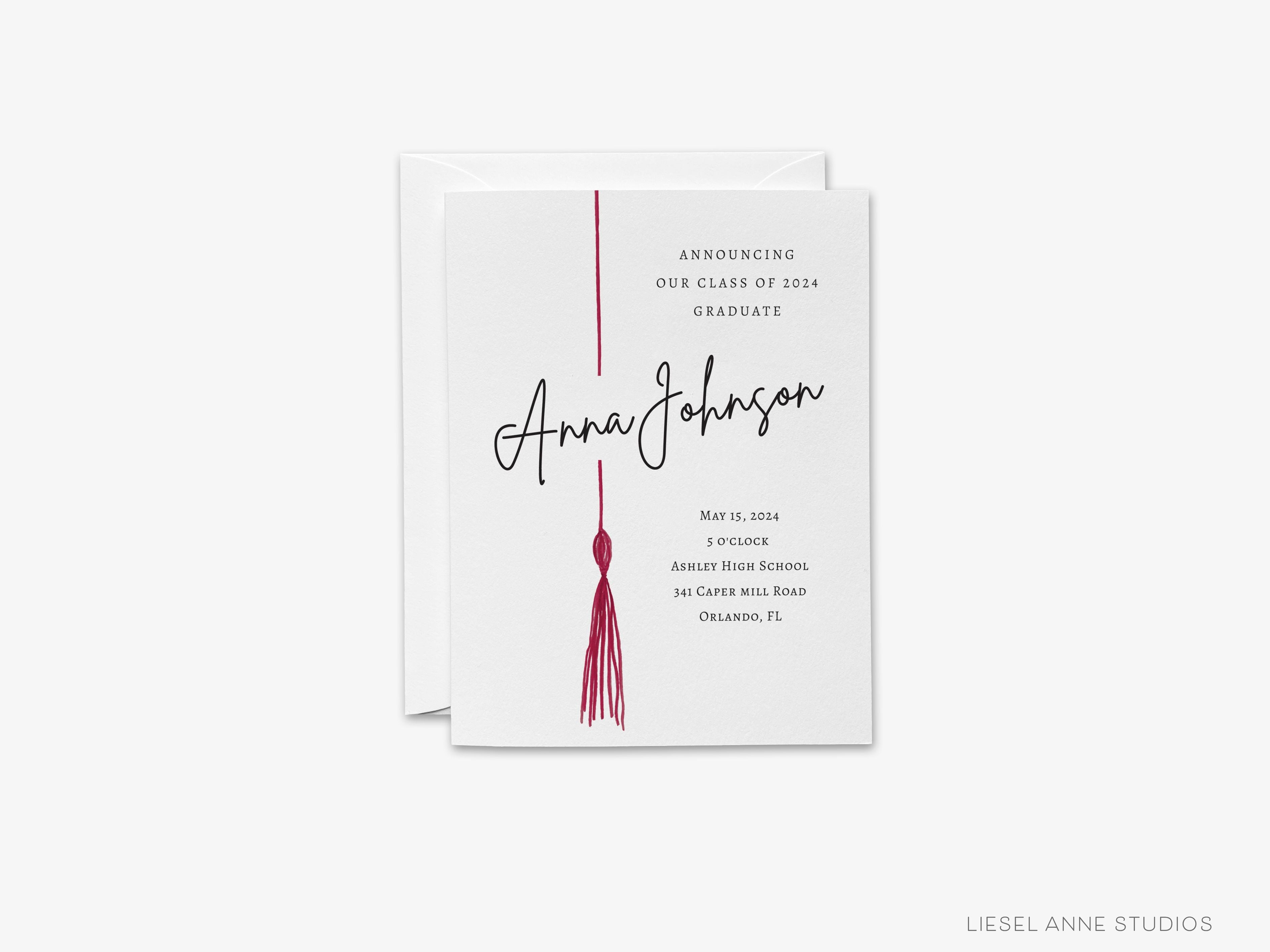 Graduation Tassel Announcements-These personalized flat graduation announcements are 4.25x5.5 and feature our hand-painted watercolor tassel, printed in the USA on 120lb textured stock. They come with your choice of envelopes and make great grad invitations for friends and family.-The Singing Little Bird
