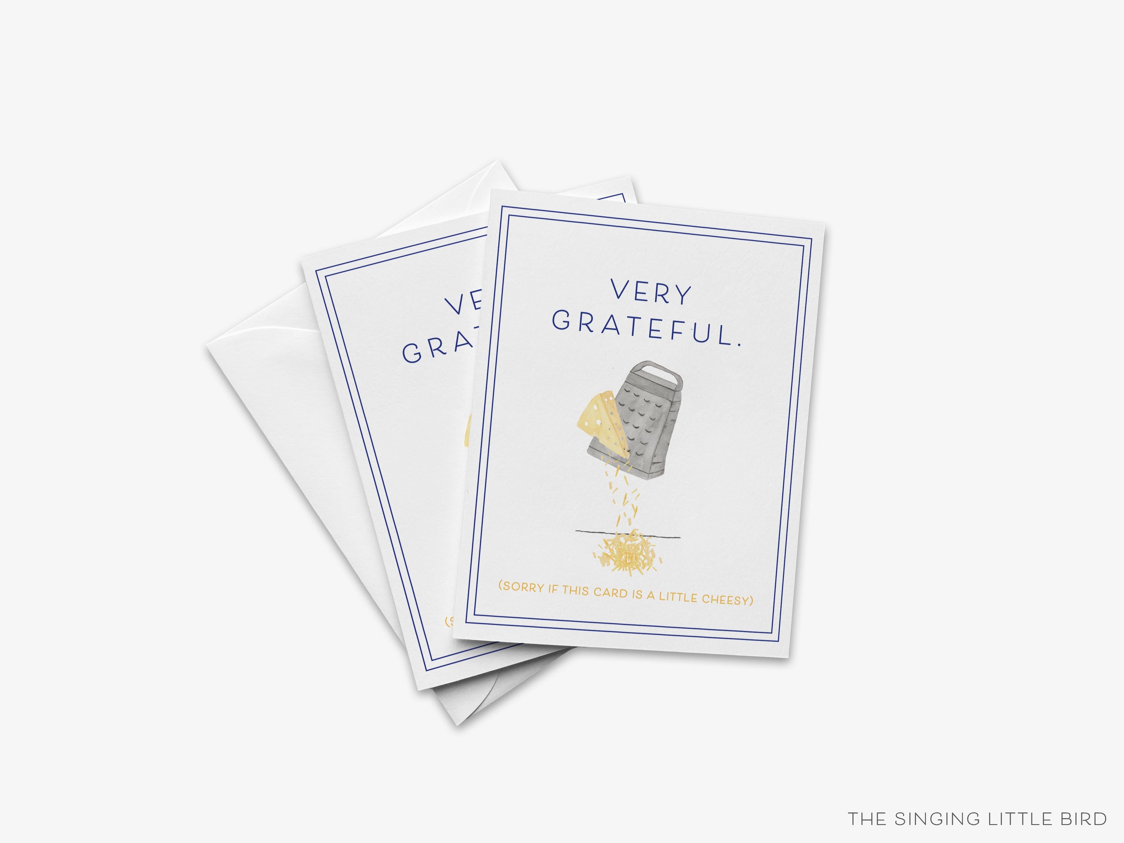 Grateful Pun Thank You Card-These folded greeting cards are 4.25x5.5 and feature our hand-painted cheese and grater, printed in the USA on 100lb textured stock. They come with a White envelope and make a great thank you card for the cheesy lover in your life.-The Singing Little Bird