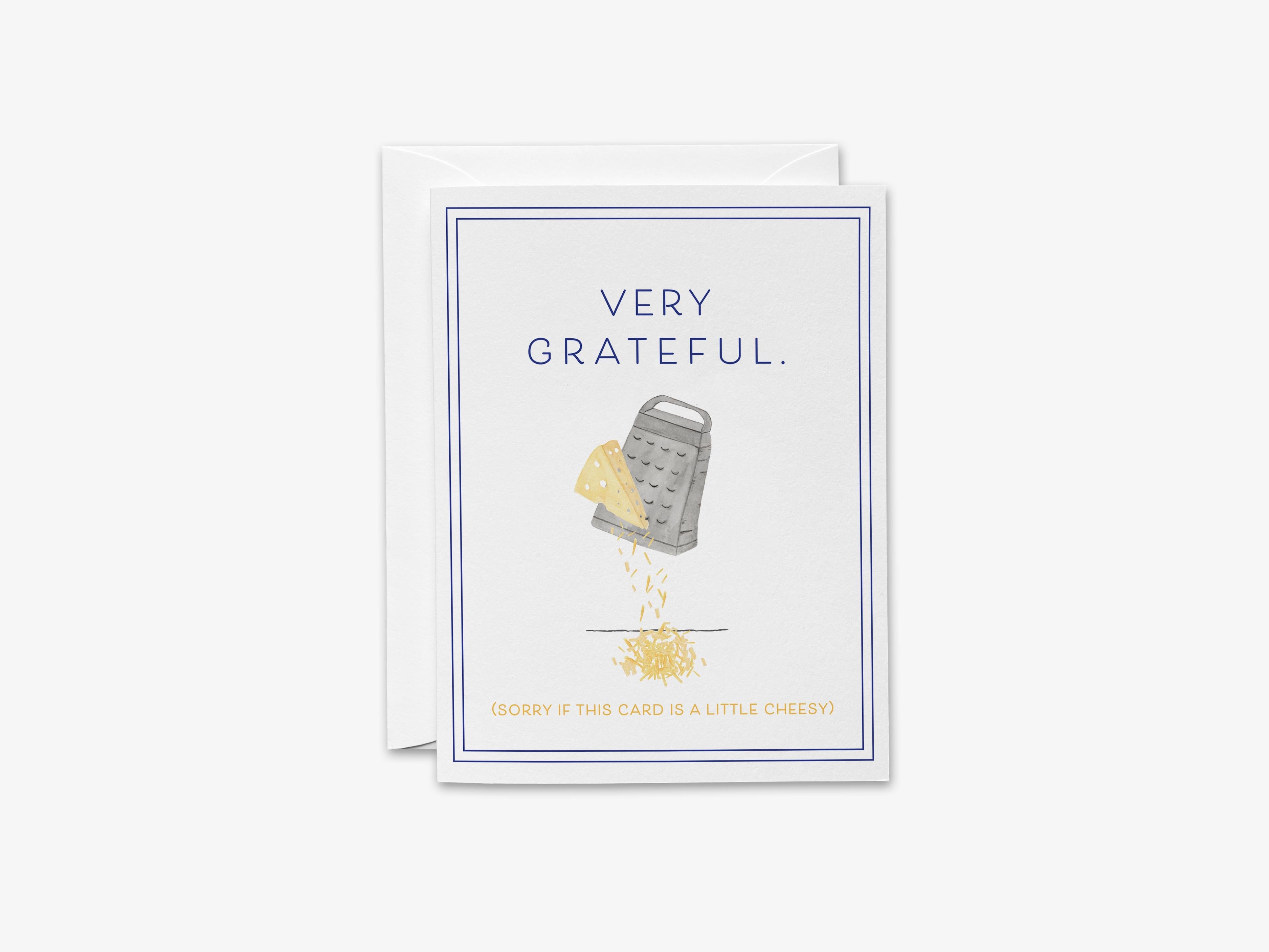 Grateful Pun Thank You Card-These folded greeting cards are 4.25x5.5 and feature our hand-painted cheese and grater, printed in the USA on 100lb textured stock. They come with a White envelope and make a great thank you card for the cheesy lover in your life.-The Singing Little Bird