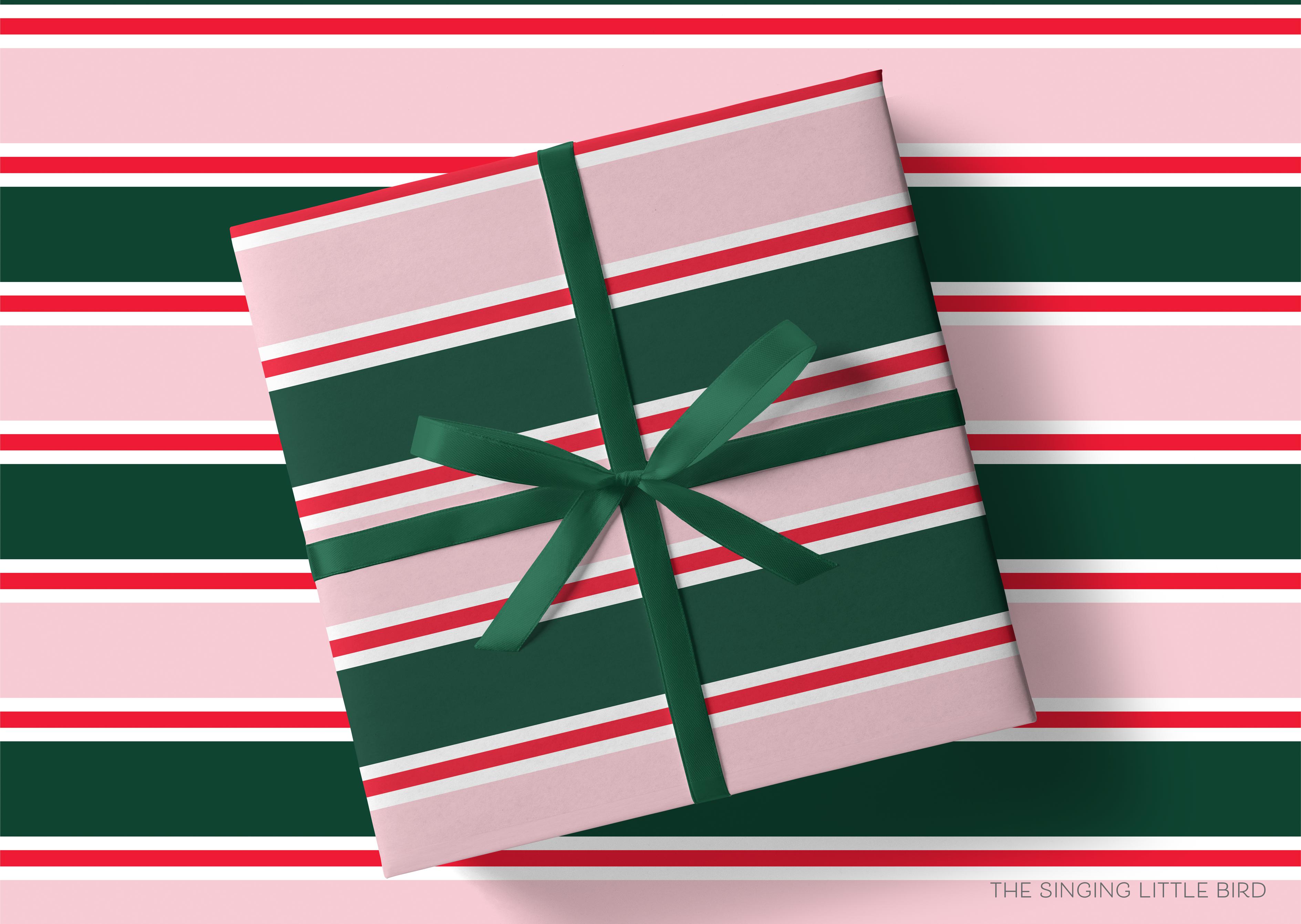 Green, Blush and Red Stripe Christmas Gift Wrap-This matte finish gift wrap features our hand-painted watercolor stripes. It makes a perfect wrapping paper for a holiday present. -The Singing Little Bird