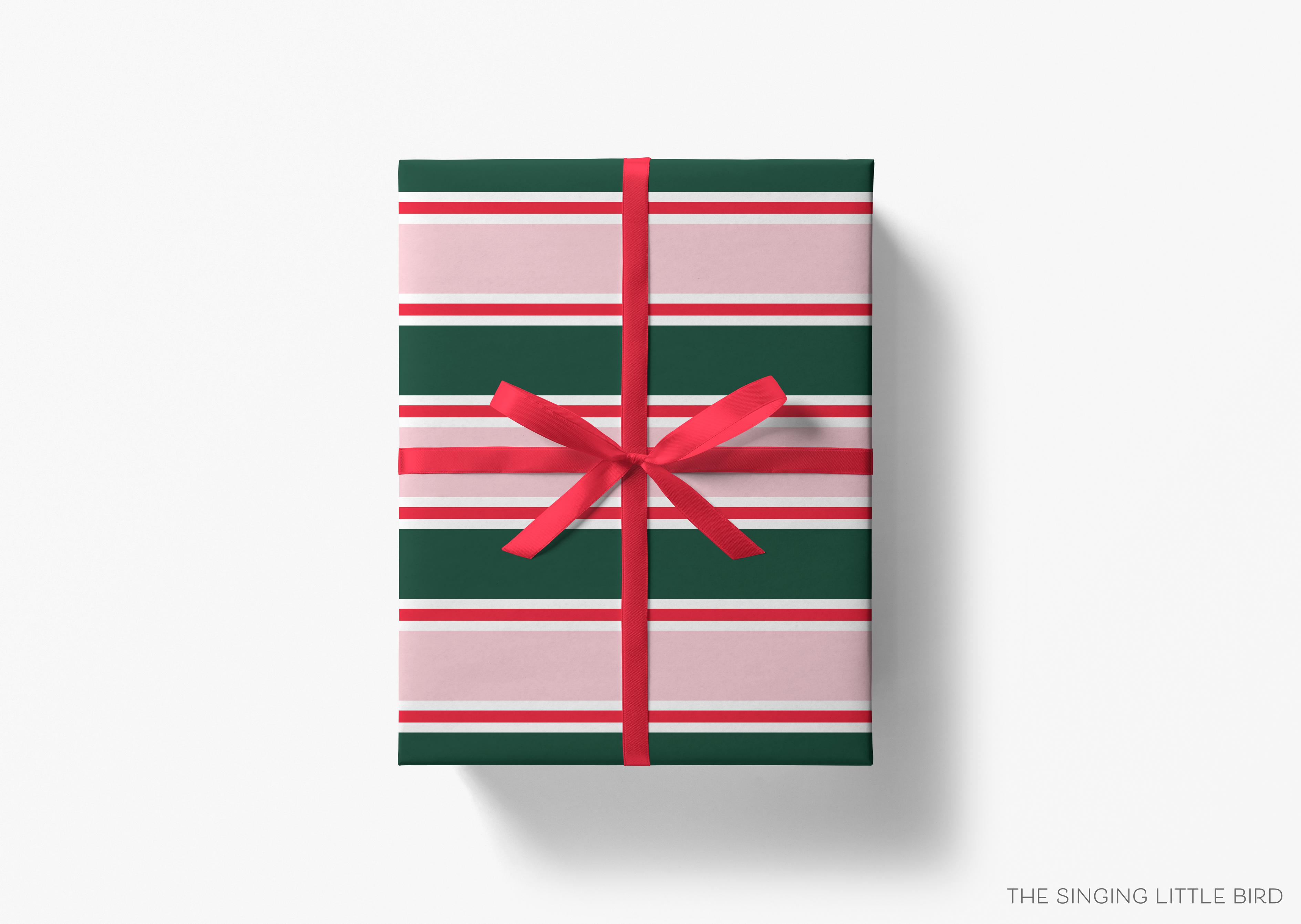 Green, Blush and Red Stripe Christmas Gift Wrap-This matte finish gift wrap features our hand-painted watercolor stripes. It makes a perfect wrapping paper for a holiday present. -The Singing Little Bird
