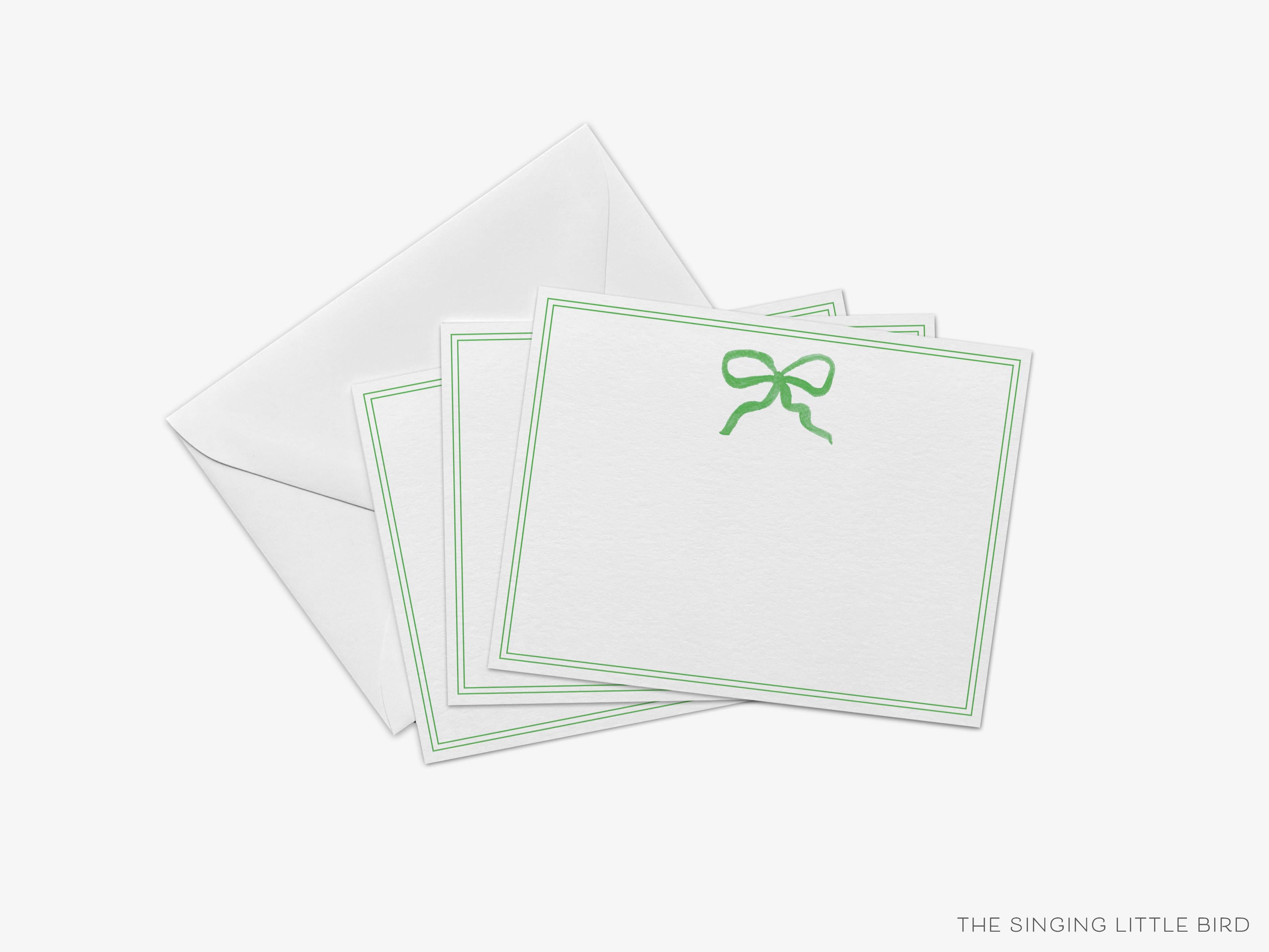 Green Bow Flat Notes [Sets of 8]-These flat notecards are 4.25x5.5 and feature our hand-painted watercolor green bow, printed in the USA on 120lb textured stock. They come with white envelopes and make great thank yous and gifts for the bow lover in your life.-The Singing Little Bird