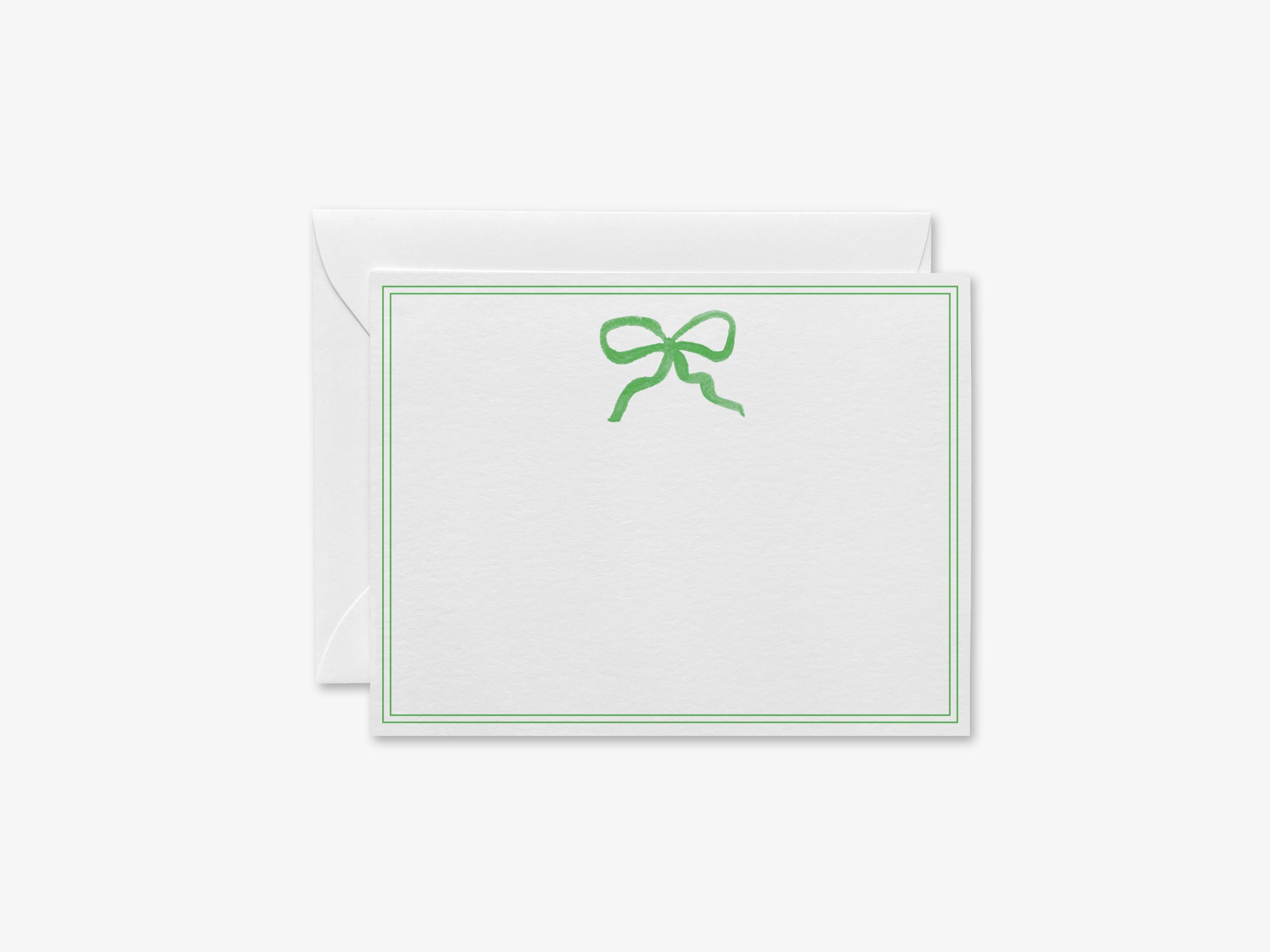 Green Bow Flat Notes [Sets of 8]-These flat notecards are 4.25x5.5 and feature our hand-painted watercolor green bow, printed in the USA on 120lb textured stock. They come with white envelopes and make great thank yous and gifts for the bow lover in your life.-The Singing Little Bird