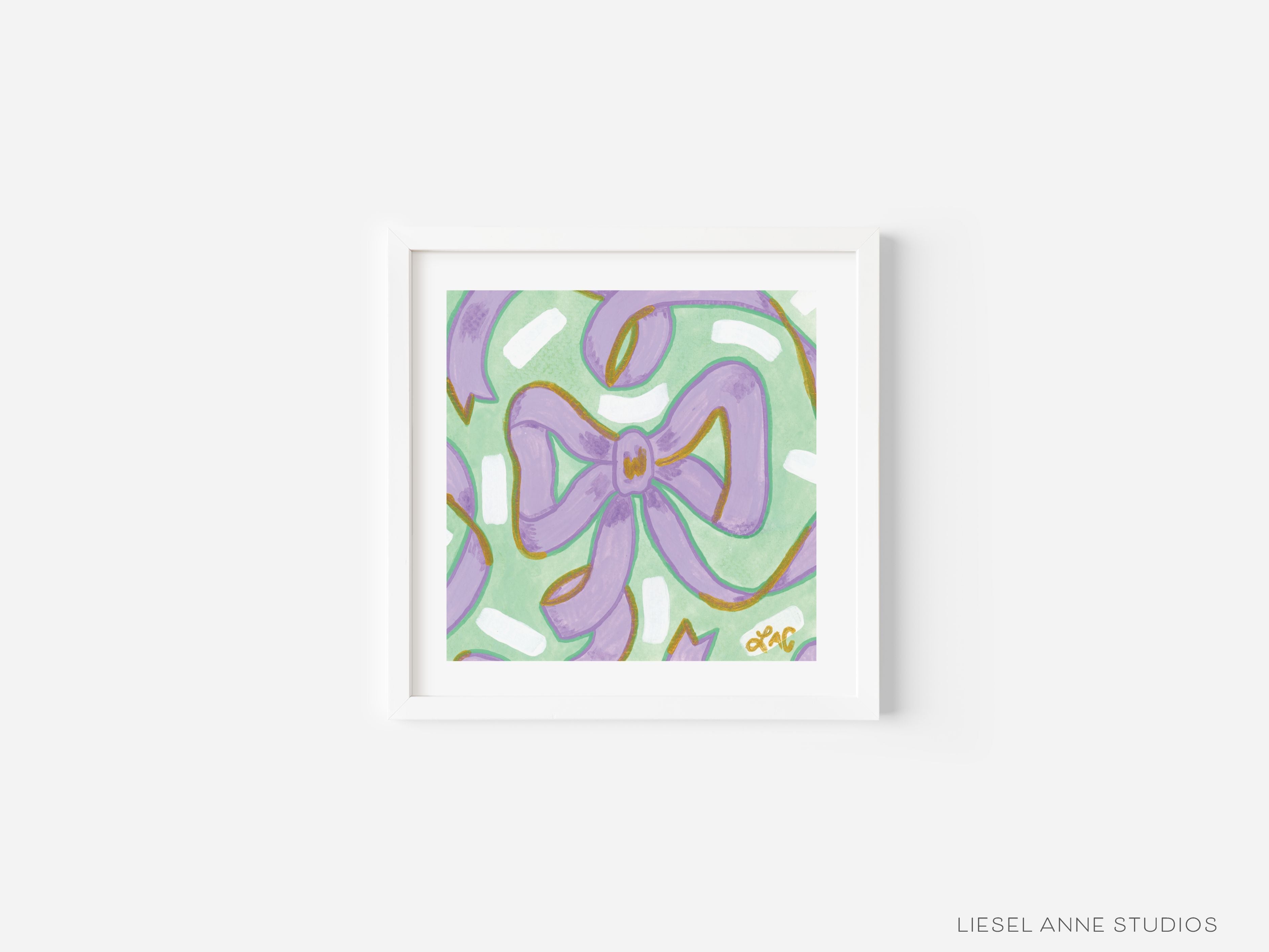 Green & Lavender Golden Bows Art Print [5x5]-Art Print measures 5"x5" | Optional coordinating frame add on with hanging hardware and acrylic clear stand included | Features our signature Golden Bows design with a light green base, lavender bows and hand painted shimmery gold embellishments | Initialed in gold by Liesel Anne (the artist) on the front and signed and dated on the back-The Singing Little Bird