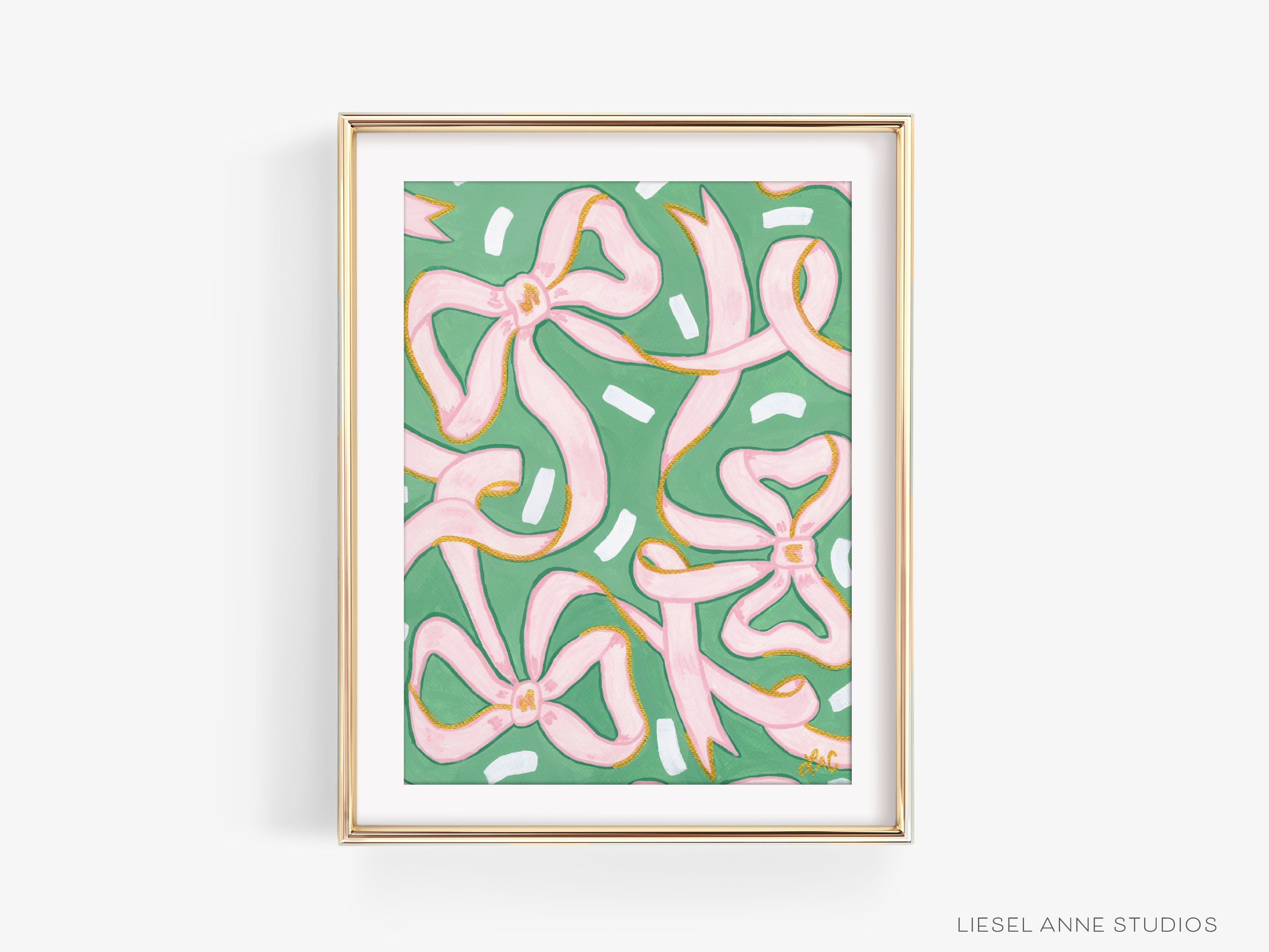 Green & Pink Golden Bows Art Print [11x14]-Art Print measures 11"x14" | Optional coordinating frame add on with hanging hardware and acrylic clear stand included | Features our signature Golden Bows design with a light pink base, light green bows and hand painted shimmery gold embellishments | Initialed in gold by Liesel Anne (the artist) on the front and signed and dated on the back-The Singing Little Bird