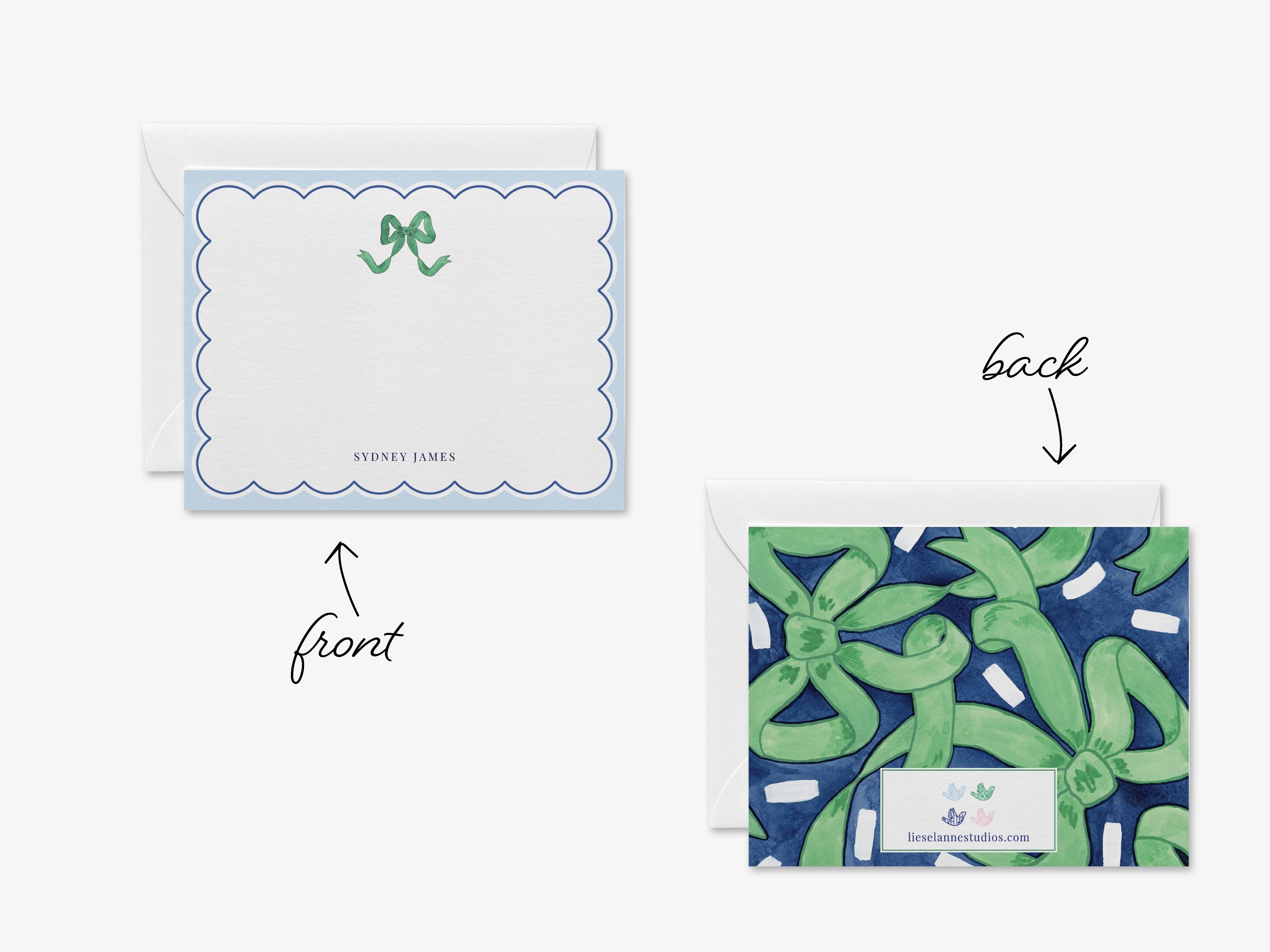 Green and Blue Bow Flat Notes-These personalized flat notecards are 4.25x5.5 and feature our hand-painted watercolor green bow, and on the back of this stationery features our signature golden bow design on a navy base with whimsical green bows and white confetti, printed in the USA on 120lb textured stock. They come with your choice of envelopes and make great thank yous and gifts for the bow lover in your life.-The Singing Little Bird