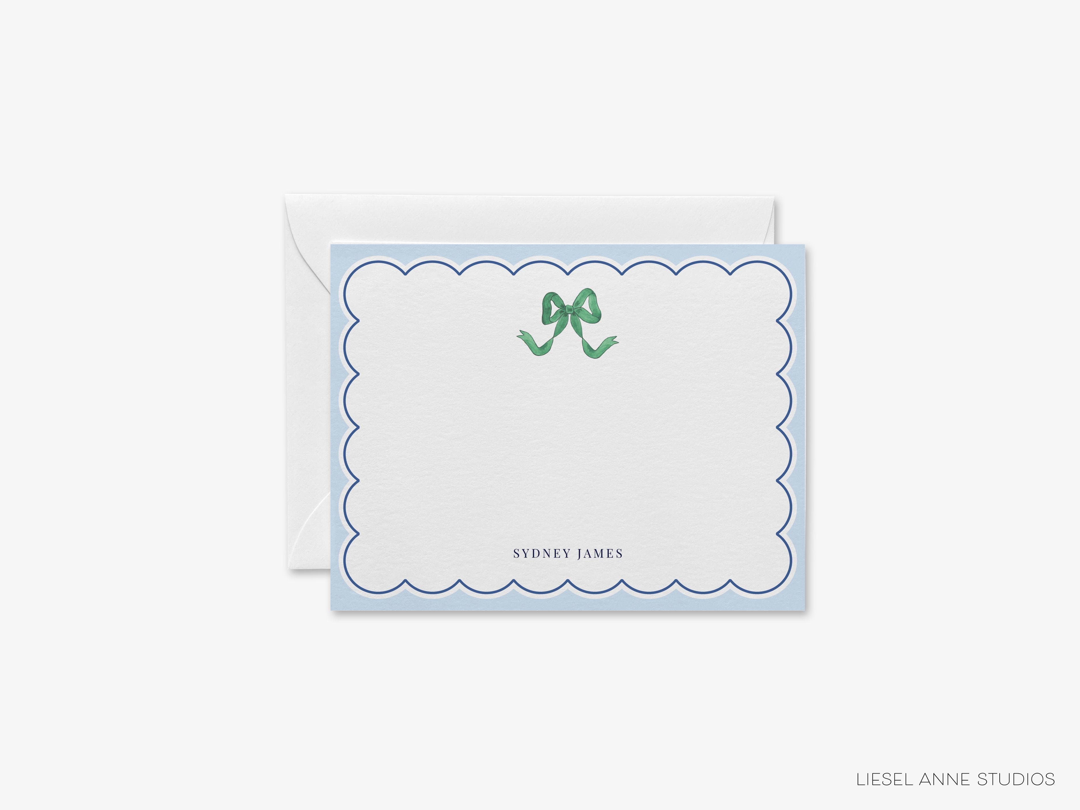 Green and Blue Bow Flat Notes-These personalized flat notecards are 4.25x5.5 and feature our hand-painted watercolor green bow, and on the back of this stationery features our signature golden bow design on a navy base with whimsical green bows and white confetti, printed in the USA on 120lb textured stock. They come with your choice of envelopes and make great thank yous and gifts for the bow lover in your life.-The Singing Little Bird