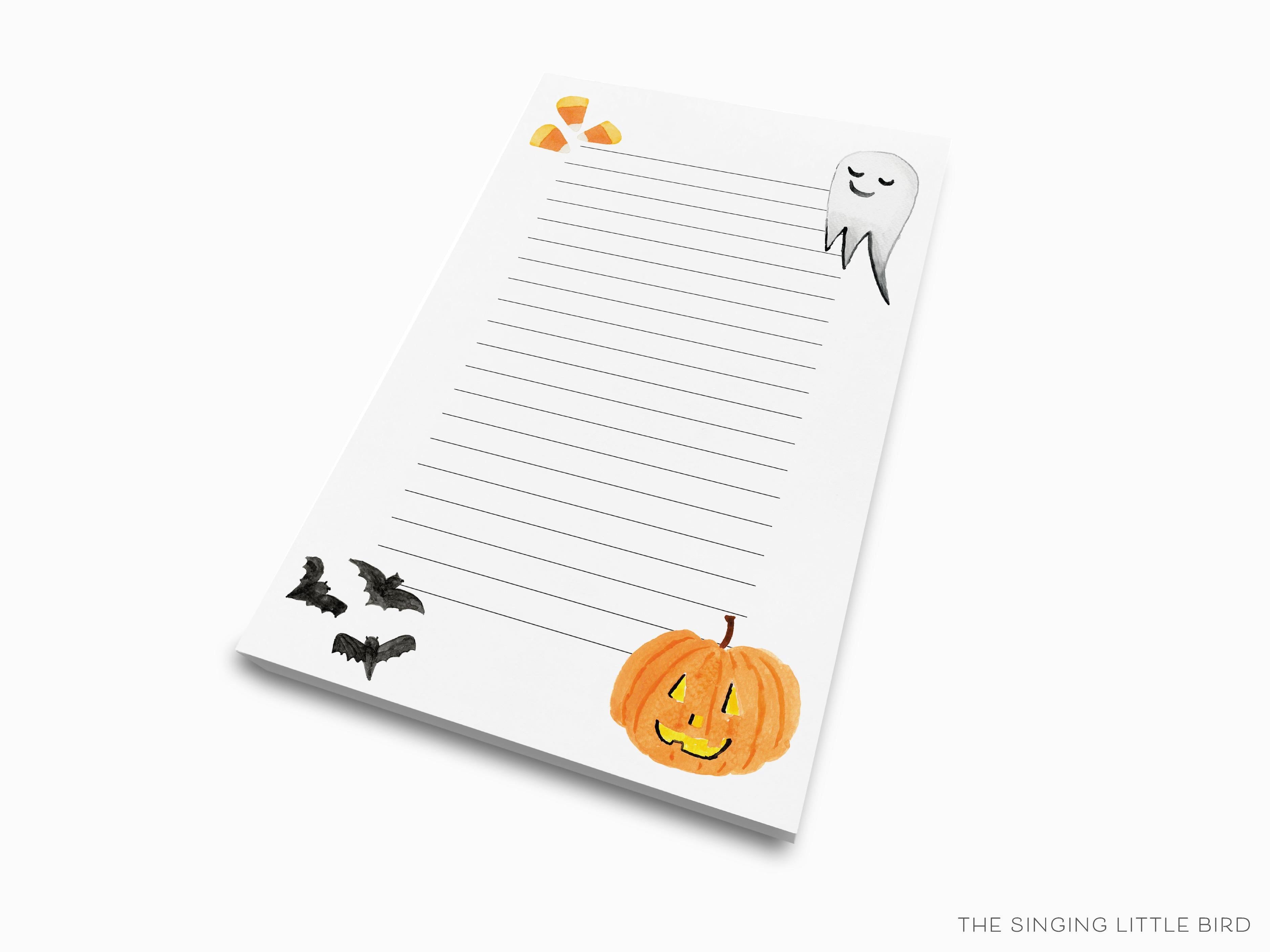 Halloween Notepad-These notepads feature our hand-painted watercolor bats, ghosts, jack-o-lantern and candy corn, printed in the USA on a beautiful smooth stock. You choose which size you want (or bundled together for a beautiful gift set) and makes a great gift for the checklist and Halloween lover in your life.-The Singing Little Bird
