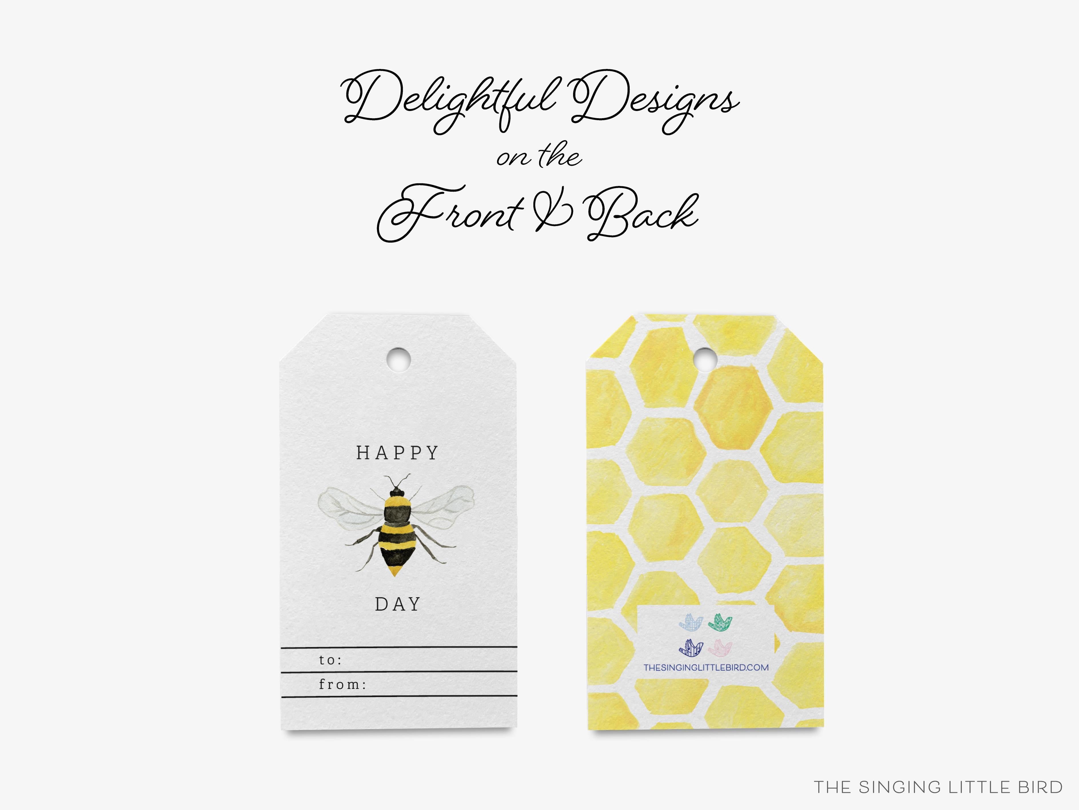 Happy Bee Day Gift Tags [Set of 8]-These gift tags come in sets, hole-punched with white twine and feature our hand-painted watercolor bee, printed in the USA on 120lb textured stock. They make great tags for gifting or gifts for the honey lover in your life.-The Singing Little Bird