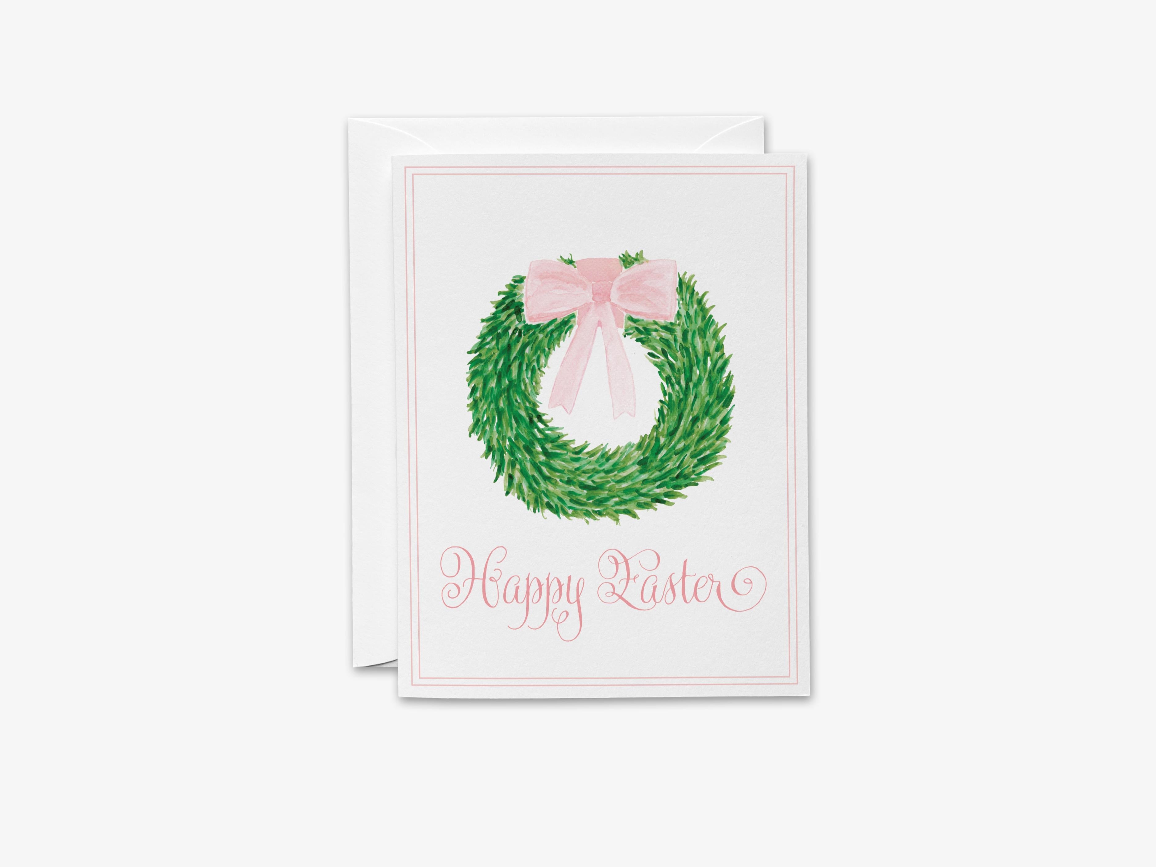 Happy Easter Wreath Greeting Card-These folded spring cards are 4.25x5.5 and feature our hand-painted watercolor wreath with pink bow, printed in the USA on 100lb textured stock. They come with a White envelope and make a thoughtful Easter card for a family member or friend.-The Singing Little Bird
