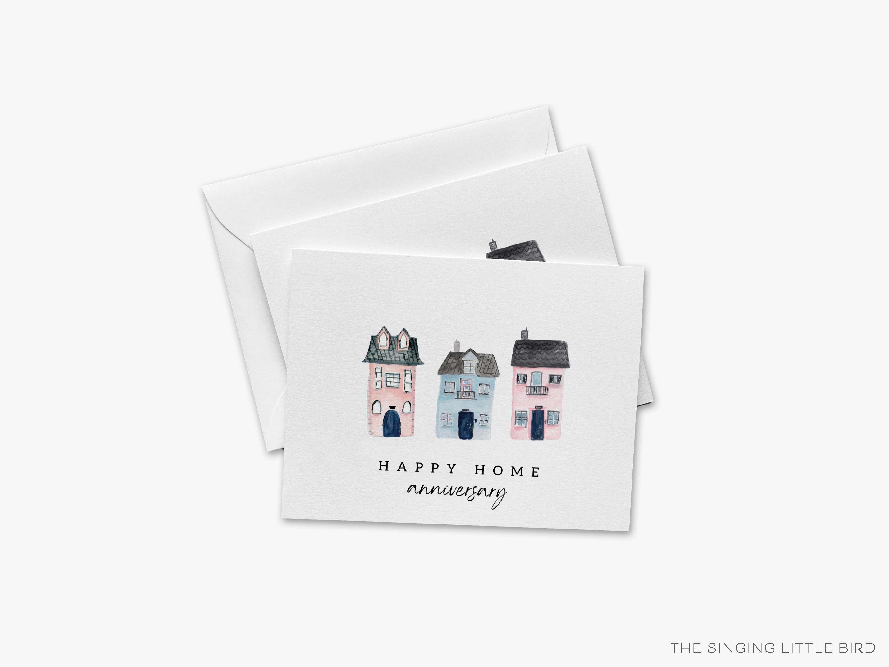 Happy Home Anniversary Greeting Card-These folded greeting cards are 4.25x5.5 and feature our hand-painted houses, printed in the USA on 100lb textured stock. They come with a White or Kraft envelope and make a great card to say Happy Homiversary!-The Singing Little Bird