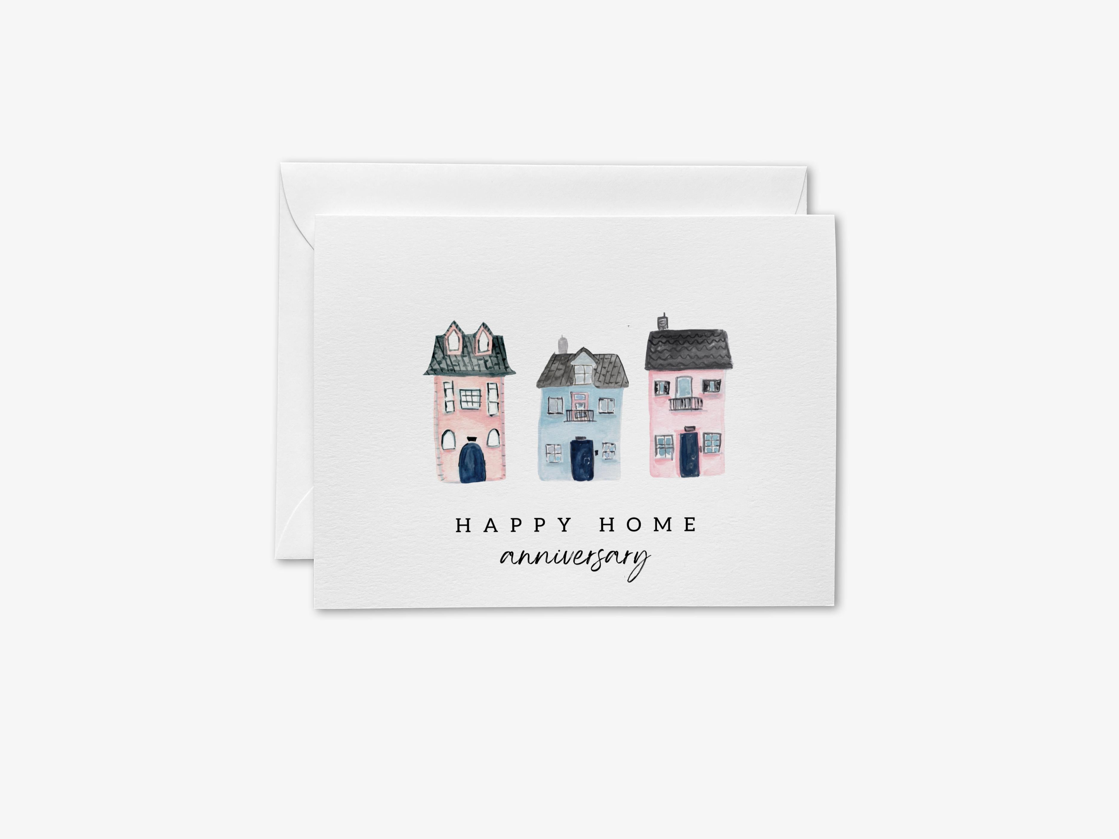 Happy Home Anniversary Greeting Card-These folded greeting cards are 4.25x5.5 and feature our hand-painted houses, printed in the USA on 100lb textured stock. They come with a White or Kraft envelope and make a great card to say Happy Homiversary!-The Singing Little Bird