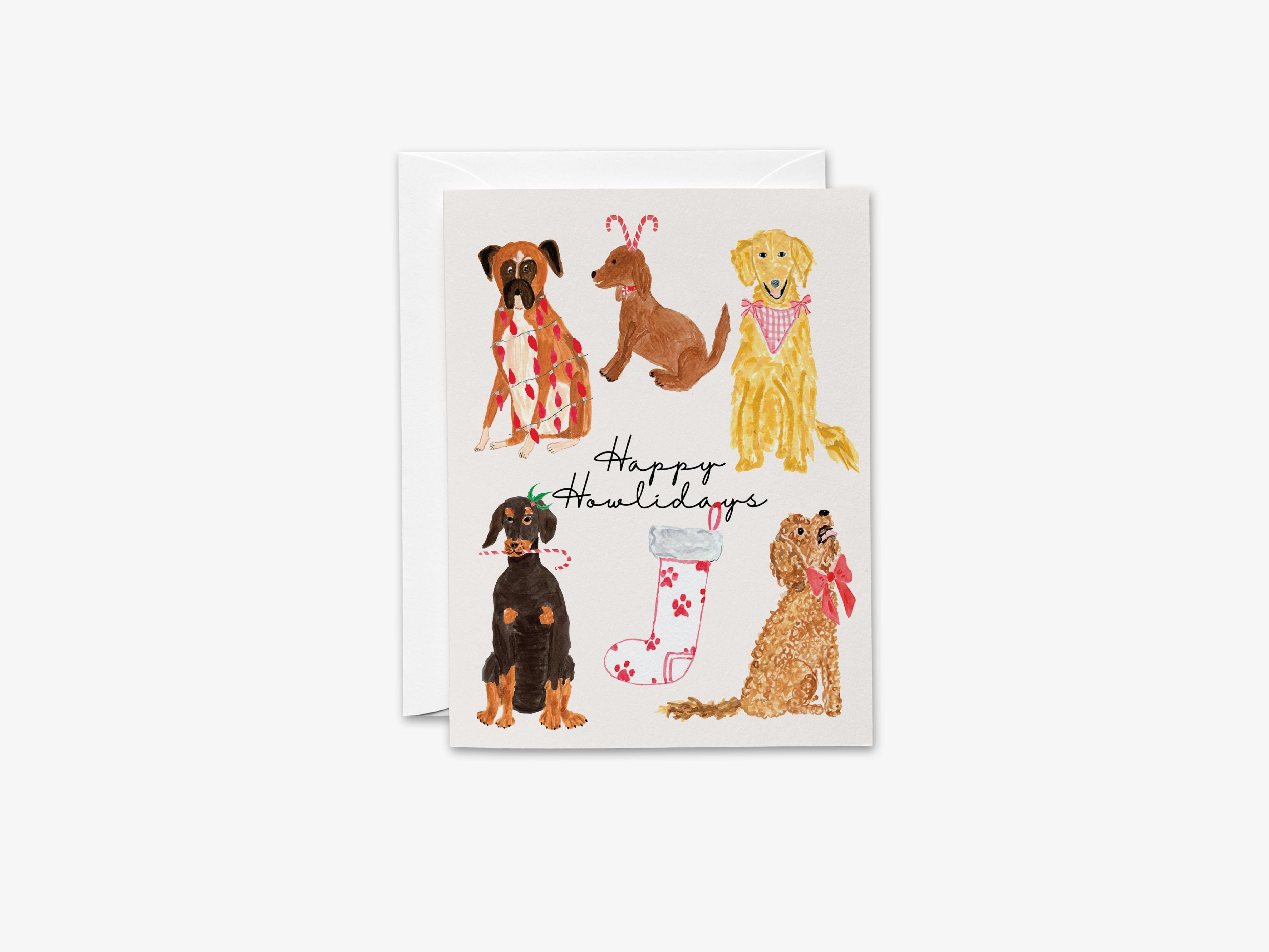 Happy Howlidays Dog Pun Christmas Card-These folded greeting cards are 4.25x5.5 and feature our hand-painted dogs, printed in the USA on 100lb textured stock. They come with a White envelope and make a great Christmas card for the animal lover in your life.-The Singing Little Bird