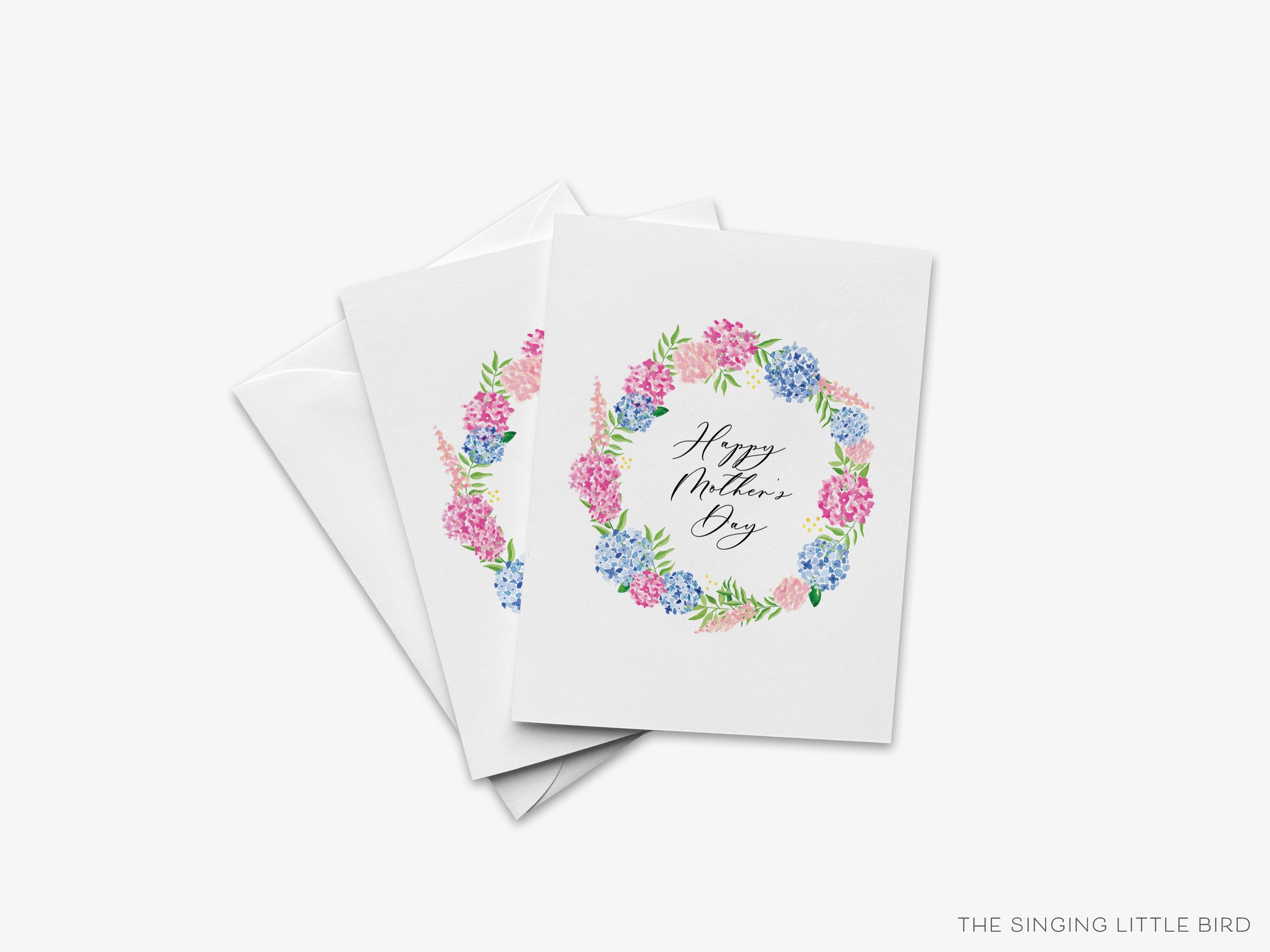 Happy Mother's Day Floral Wreath Greeting Card-These folded greeting cards are 4.25x5.5 and feature our hand-painted floral wreath, printed in the USA on 100lb textured stock. They come with a White envelope and make a great Mother's Day card for the mom in your life.-The Singing Little Bird