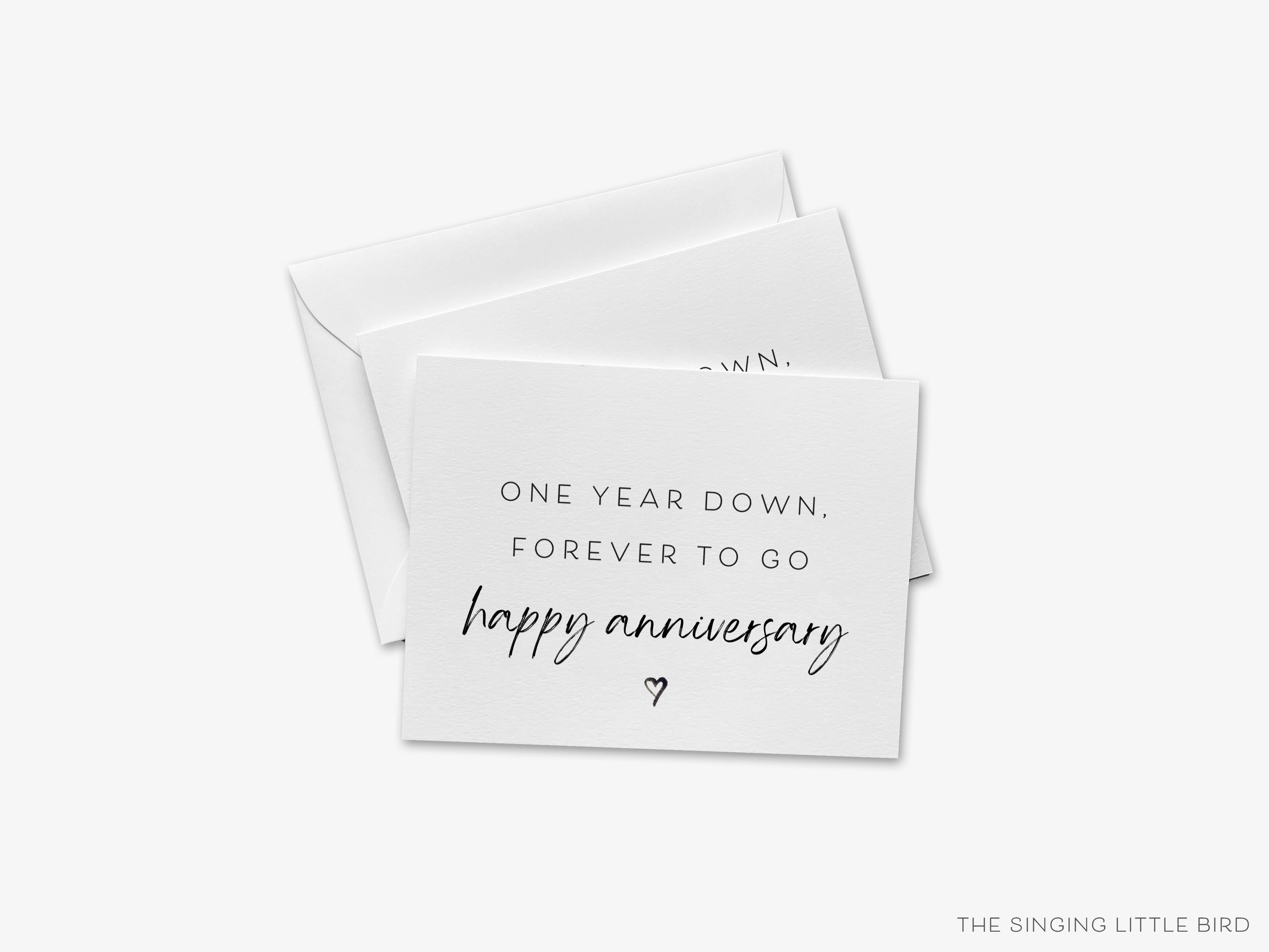 Happy One Year Anniversary Card-These folded greeting cards are 4.25x5.5 and feature our hand-painted heart, printed in the USA on 100lb textured stock. They come with a White envelope and make a great first anniversary card for that special someone in your life.-The Singing Little Bird