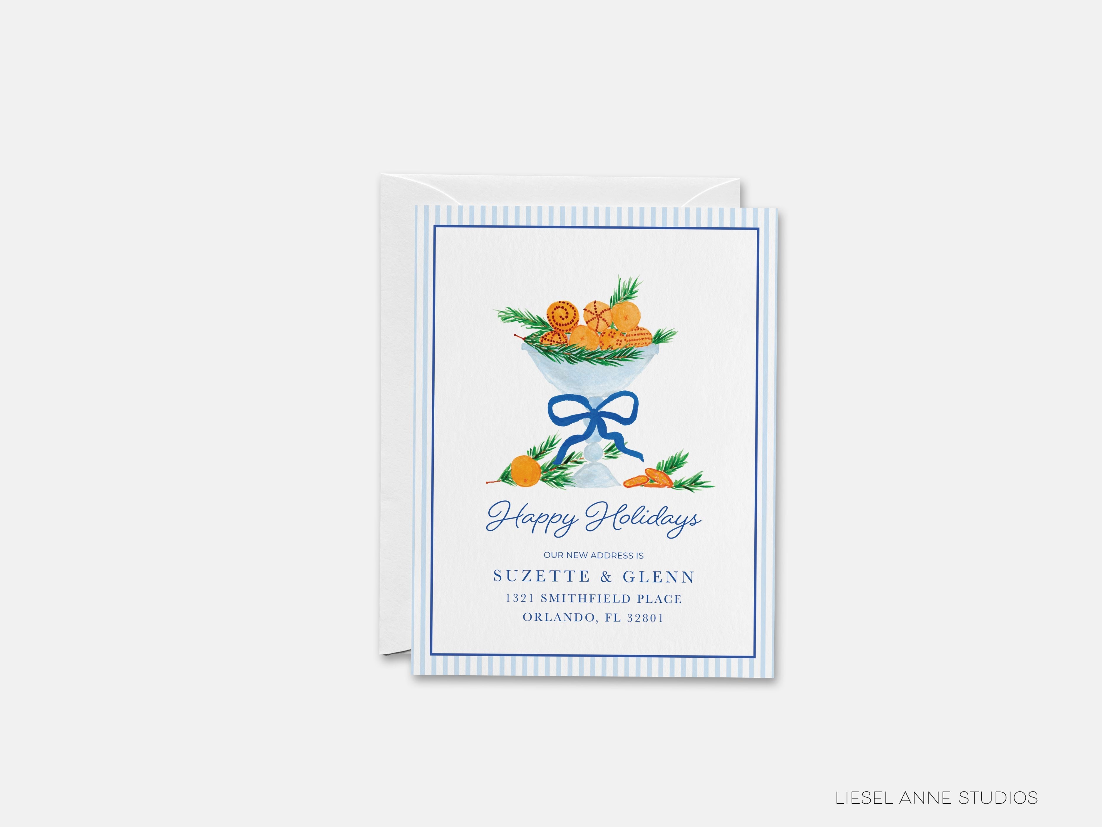 Holiday Orange Bowl Moving Announcement-These personalized flat change of address cards are 4.25x5.5 and feature our hand-painted watercolor pomanders in a decorative blue dish, printed in the USA on 120lb textured stock. They come with your choice of envelopes and make great moving announcements for the natural decor lover.-The Singing Little Bird