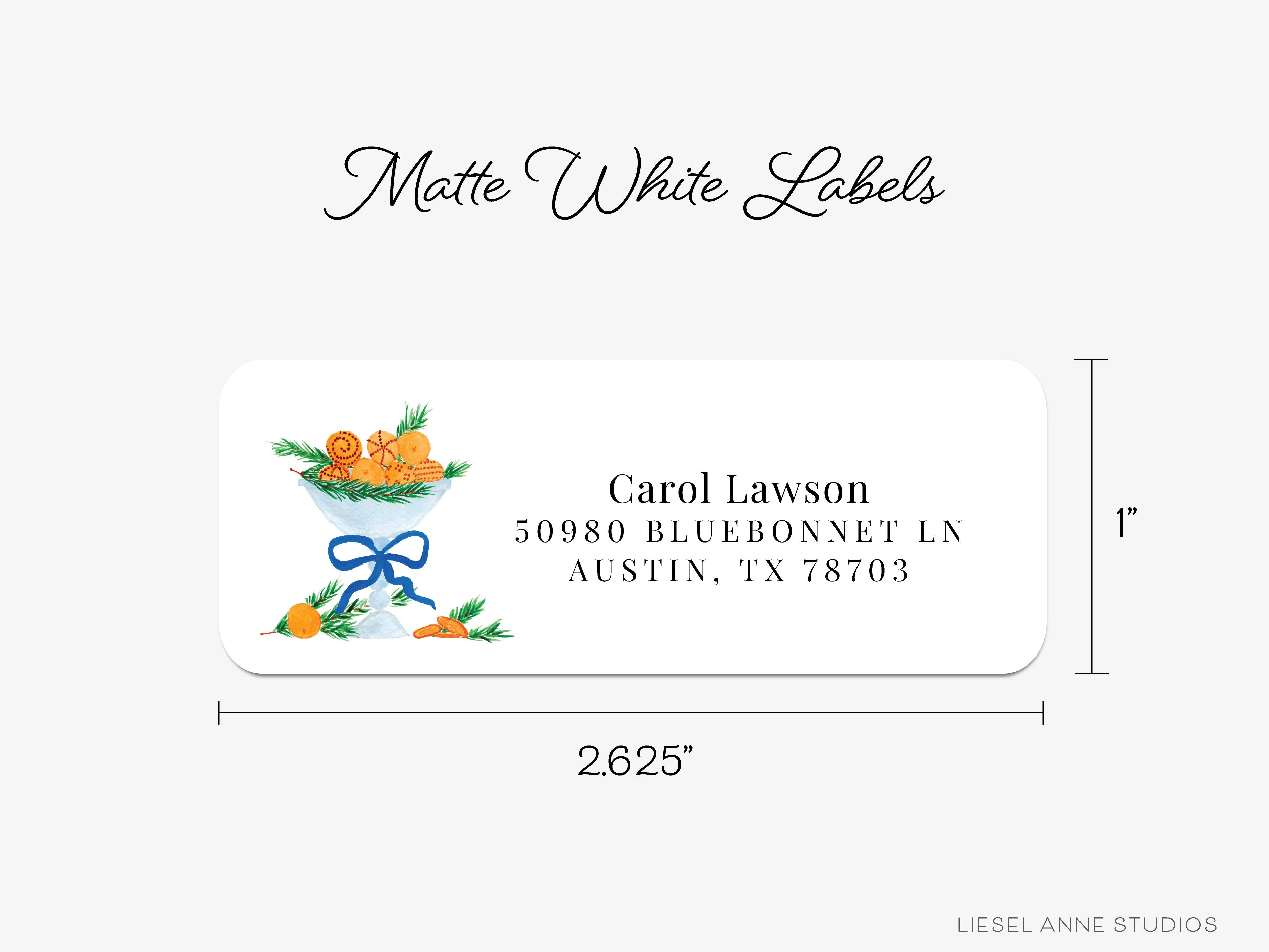 Holiday Orange Bowl Return Address Labels-These personalized return address labels are 2.625" x 1" and feature our hand-painted watercolor oranges with cloves, printed in the USA on beautiful matte finish labels. These make great gifts for yourself or the decorative glass lover.-The Singing Little Bird