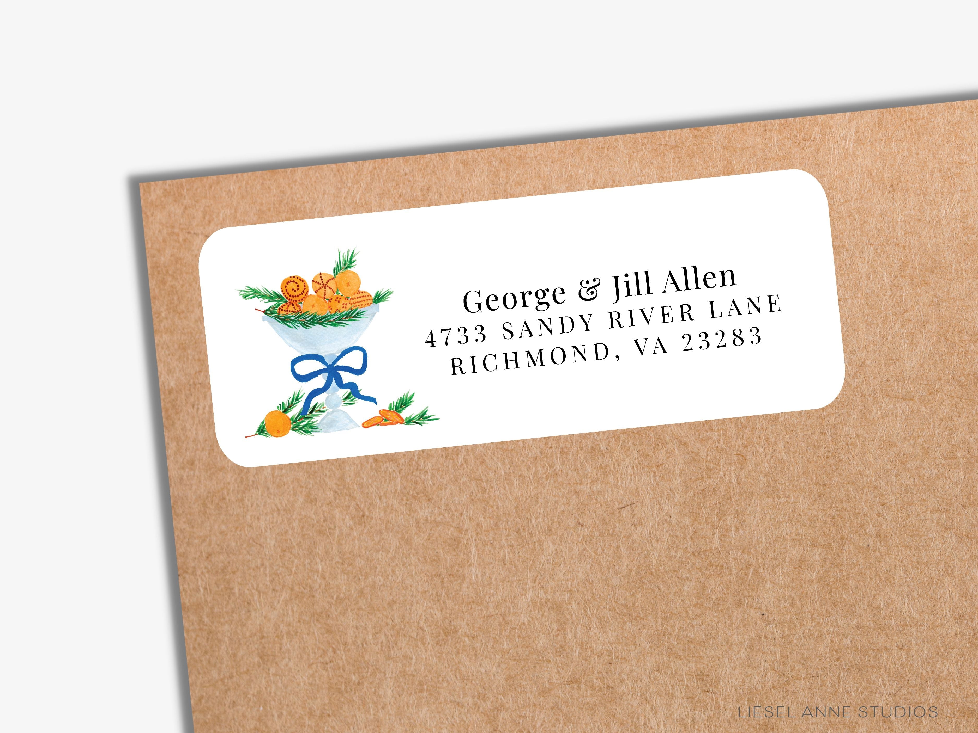 Holiday Orange Bowl Return Address Labels-These personalized return address labels are 2.625" x 1" and feature our hand-painted watercolor oranges with cloves, printed in the USA on beautiful matte finish labels. These make great gifts for yourself or the decorative glass lover.-The Singing Little Bird