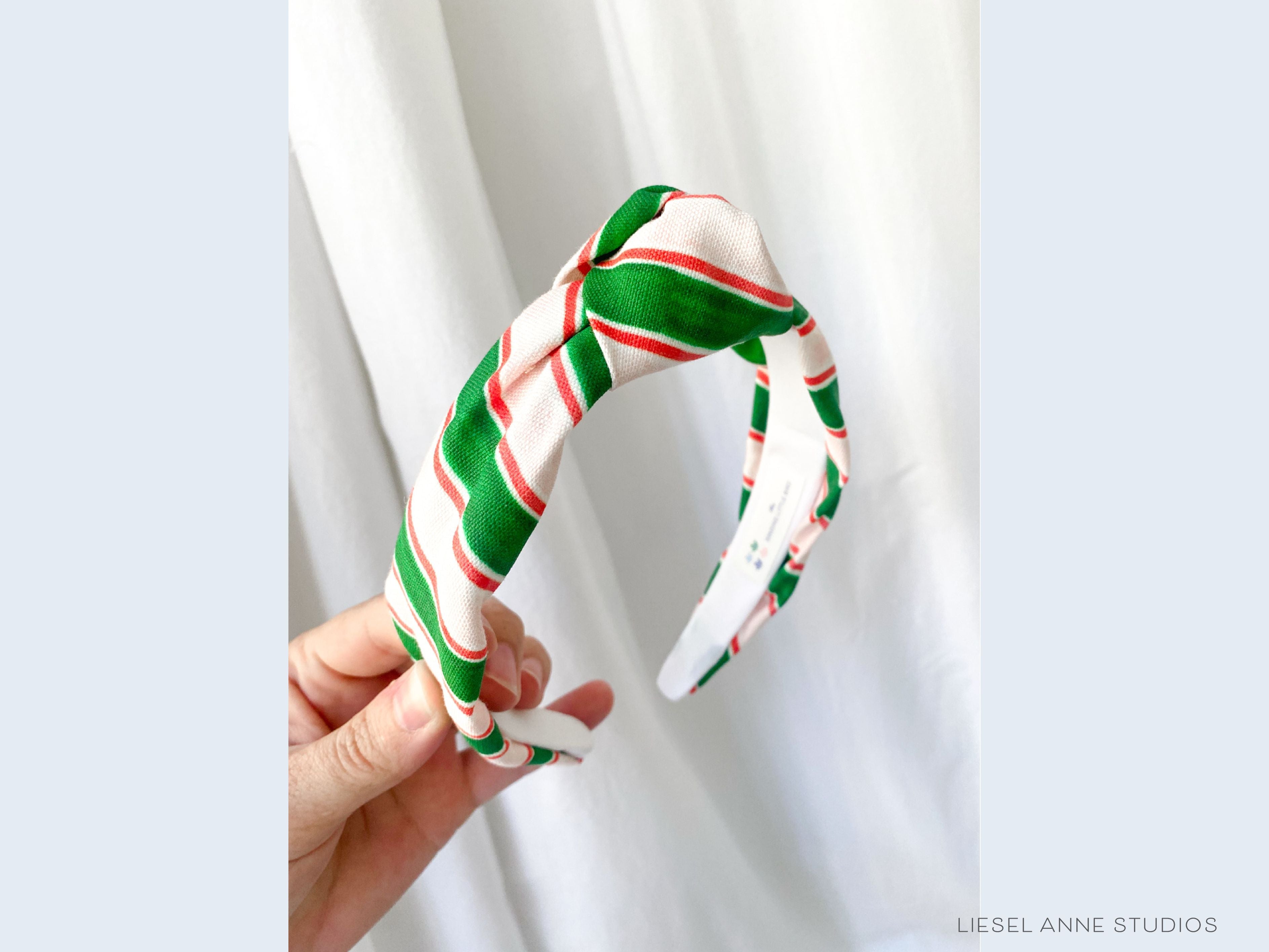 Holiday Stripes Top Knot Headband-These fabric headbands make unique one-of-a-kind gifts as each one is slightly different. They are cut from our hand-painted signature print. These are the perfect accessory and make great gifts!-The Singing Little Bird