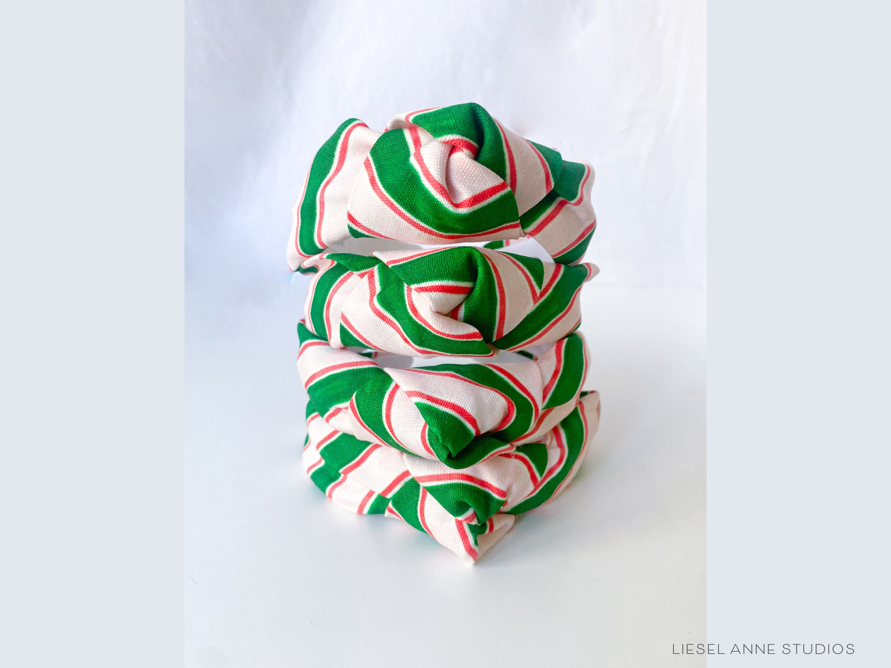 Holiday Stripes Top Knot Headband-These fabric headbands make unique one-of-a-kind gifts as each one is slightly different. They are cut from our hand-painted signature print. These are the perfect accessory and make great gifts!-The Singing Little Bird