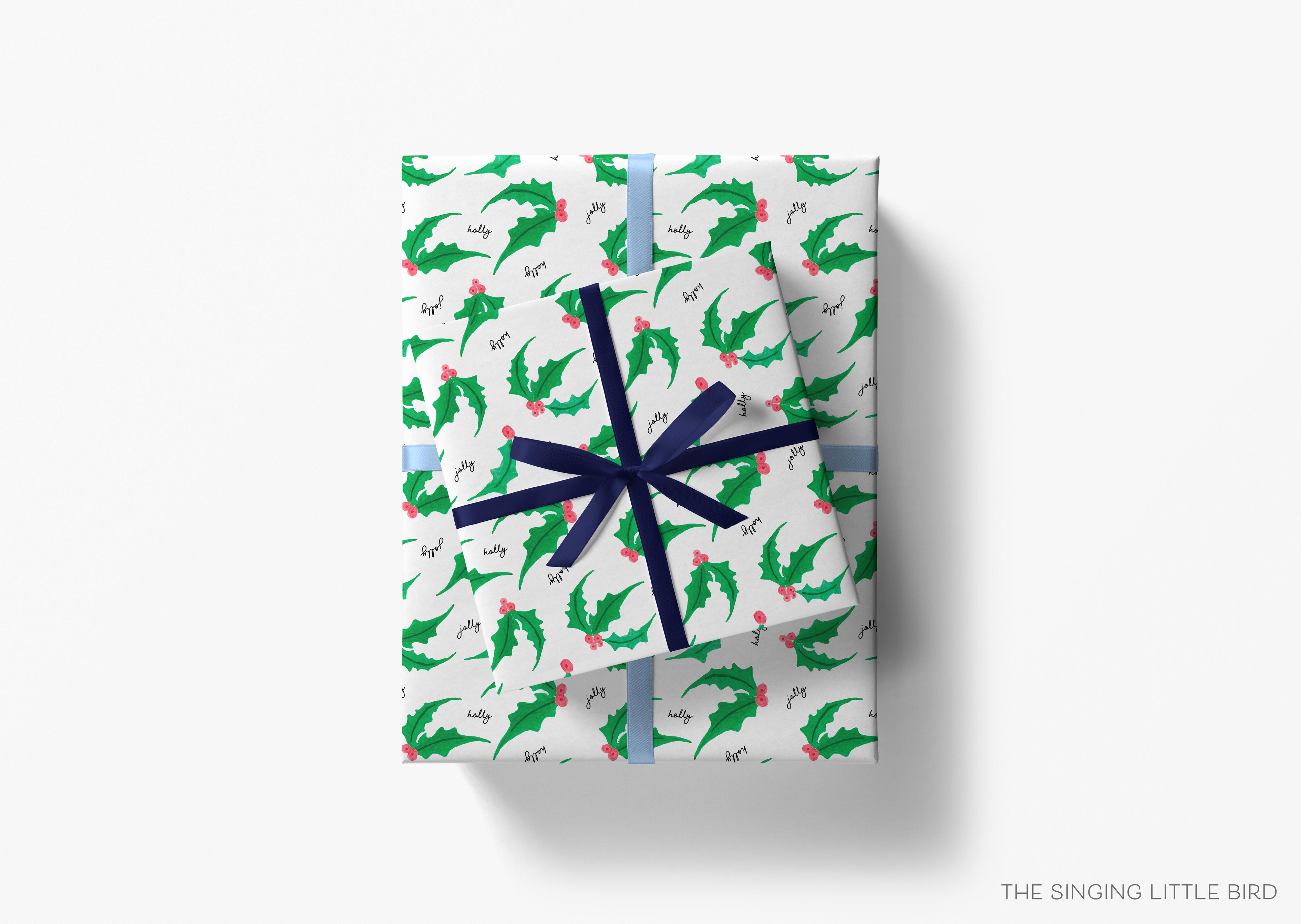 Holly Jolly Christmas Gift Wrap-This matte finish gift wrap features our hand-painted watercolor holly. It makes a perfect wrapping paper for a holiday present. -The Singing Little Bird