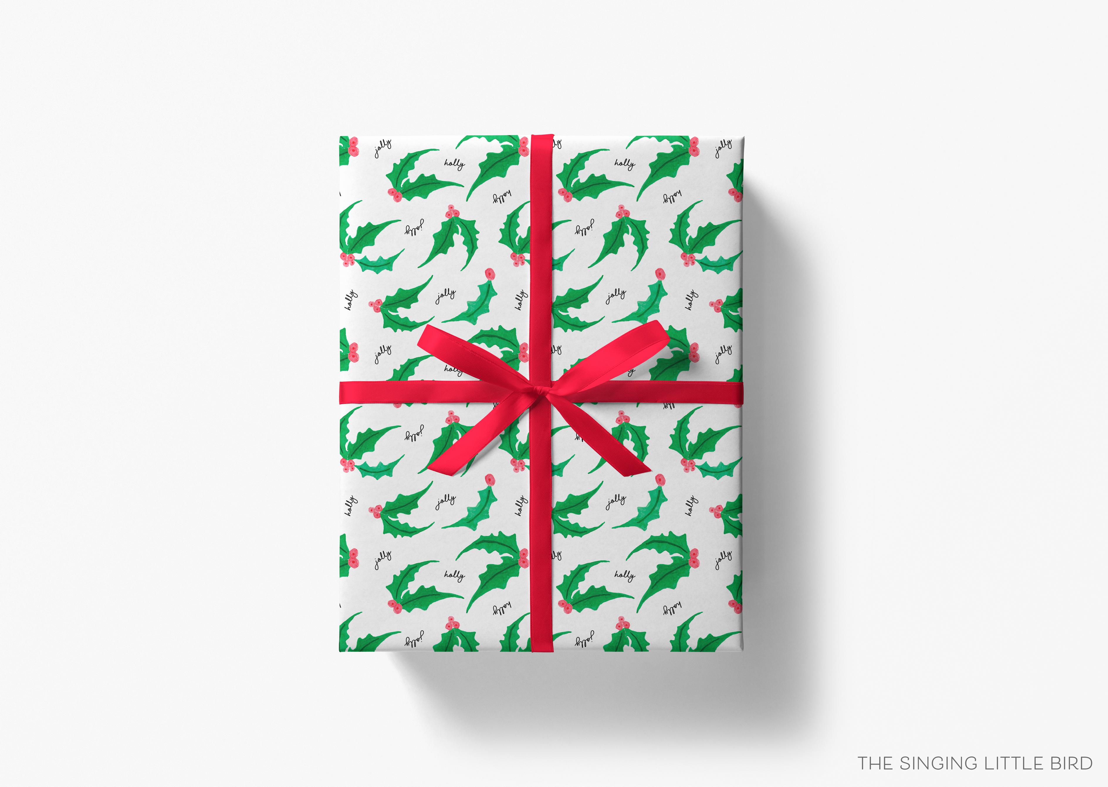 Holly Jolly Christmas Gift Wrap-This matte finish gift wrap features our hand-painted watercolor holly. It makes a perfect wrapping paper for a holiday present. -The Singing Little Bird