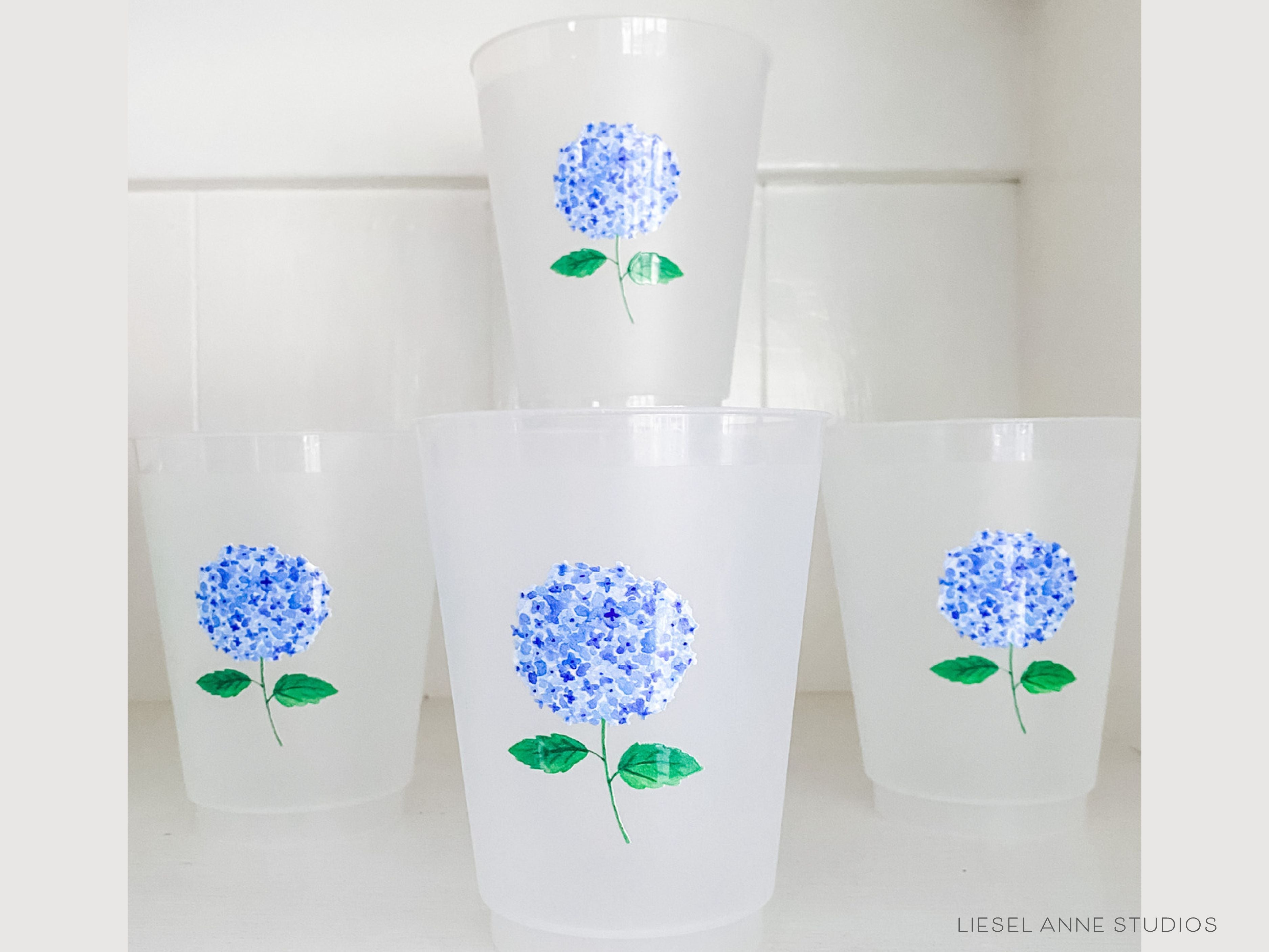 Hydrangea 16oz Shatterproof Cups [Set of 8]-These shatterproof cups feature our hand-painted hydrangea and make great party decorations for baby showers, bridal showers, birthdays and more! They come in sets of 8 and are re-usable for other parties to come or make wonderful party favors!-The Singing Little Bird