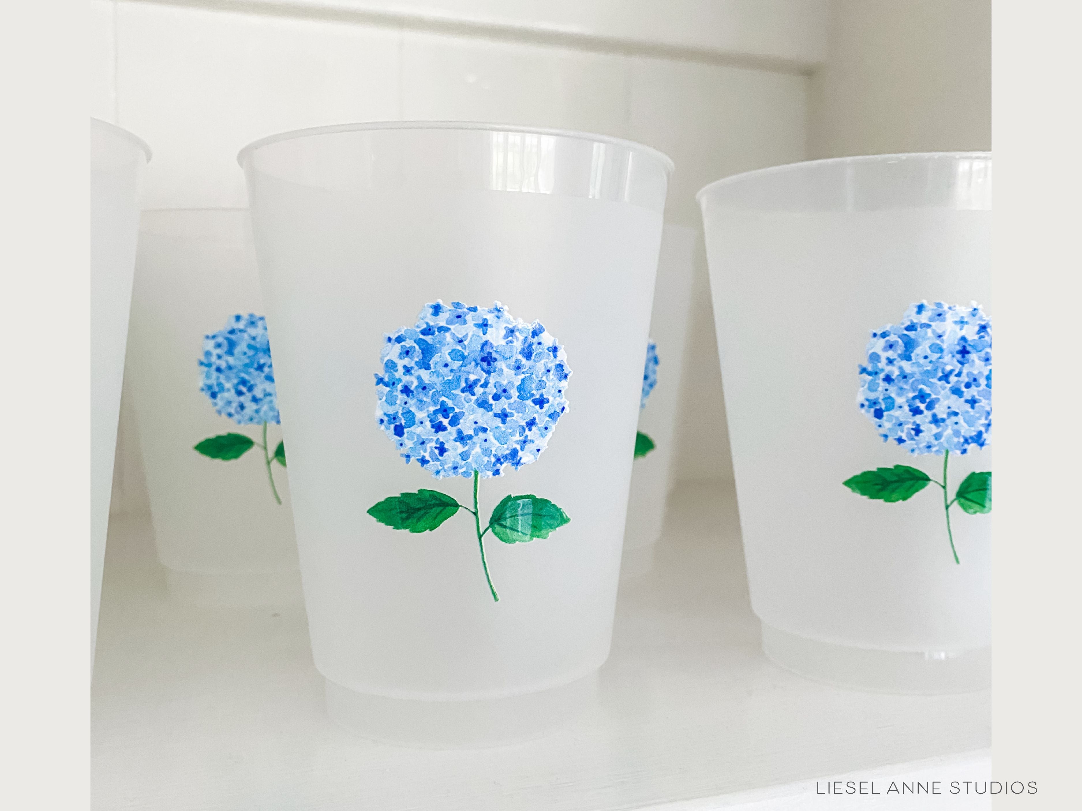 Hydrangea 16oz Shatterproof Cups [Set of 8]-These shatterproof cups feature our hand-painted hydrangea and make great party decorations for baby showers, bridal showers, birthdays and more! They come in sets of 8 and are re-usable for other parties to come or make wonderful party favors!-The Singing Little Bird