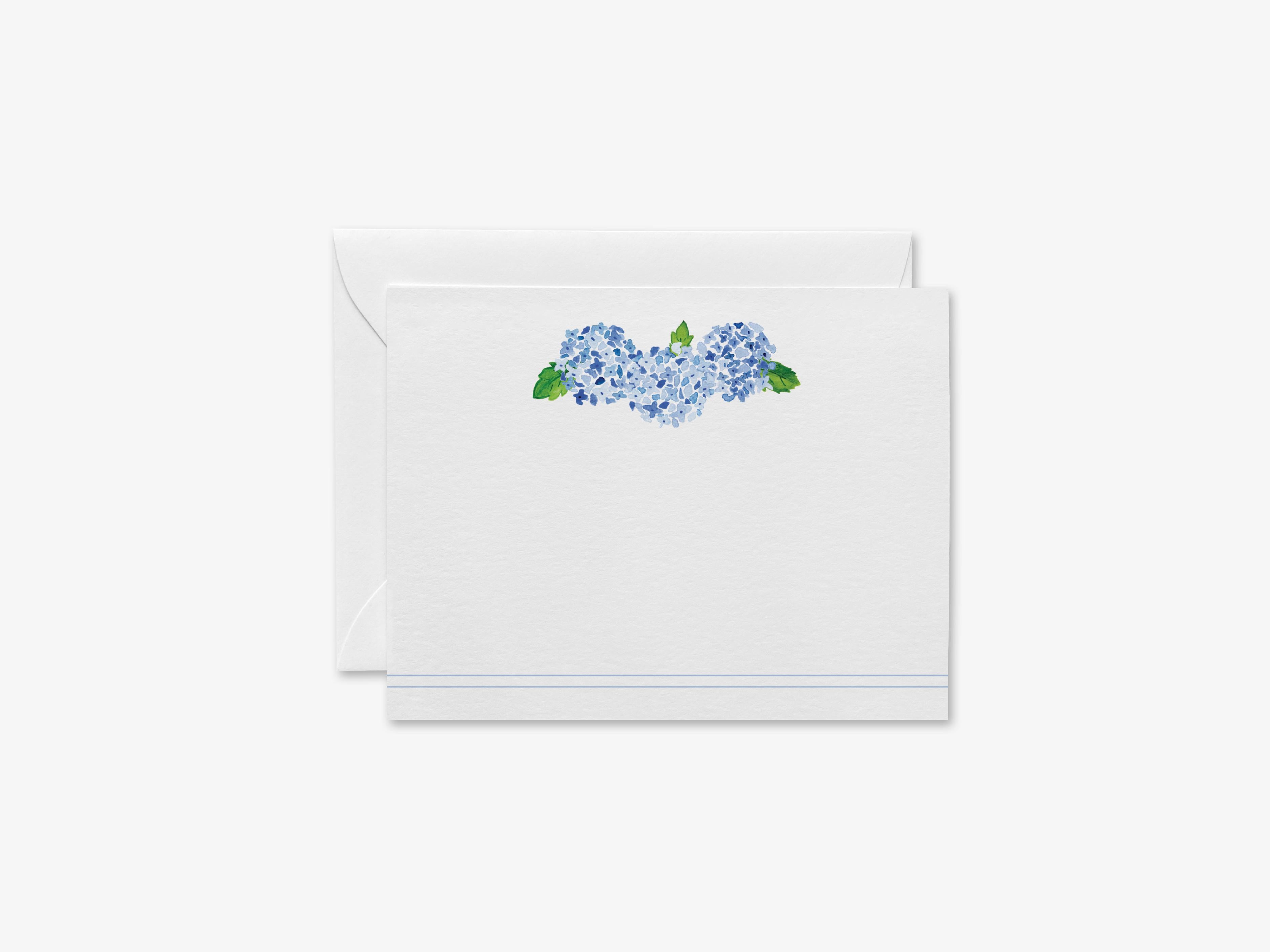 Hydrangea Flat Notes-These personalized flat notecards are 4.25x5.5 and feature our hand-painted watercolor Hydrangeas, printed in the USA on 120lb textured stock. They come with your choice of envelopes and make great thank yous and gifts for the floral lover in your life.-The Singing Little Bird